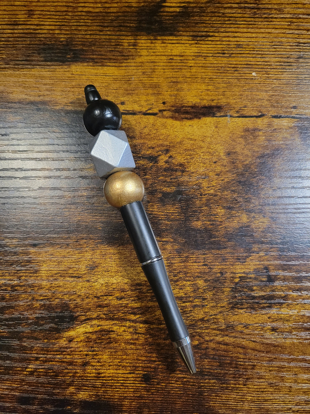 Black w/ Black, Silver Geo and Gold - Beaded Pen