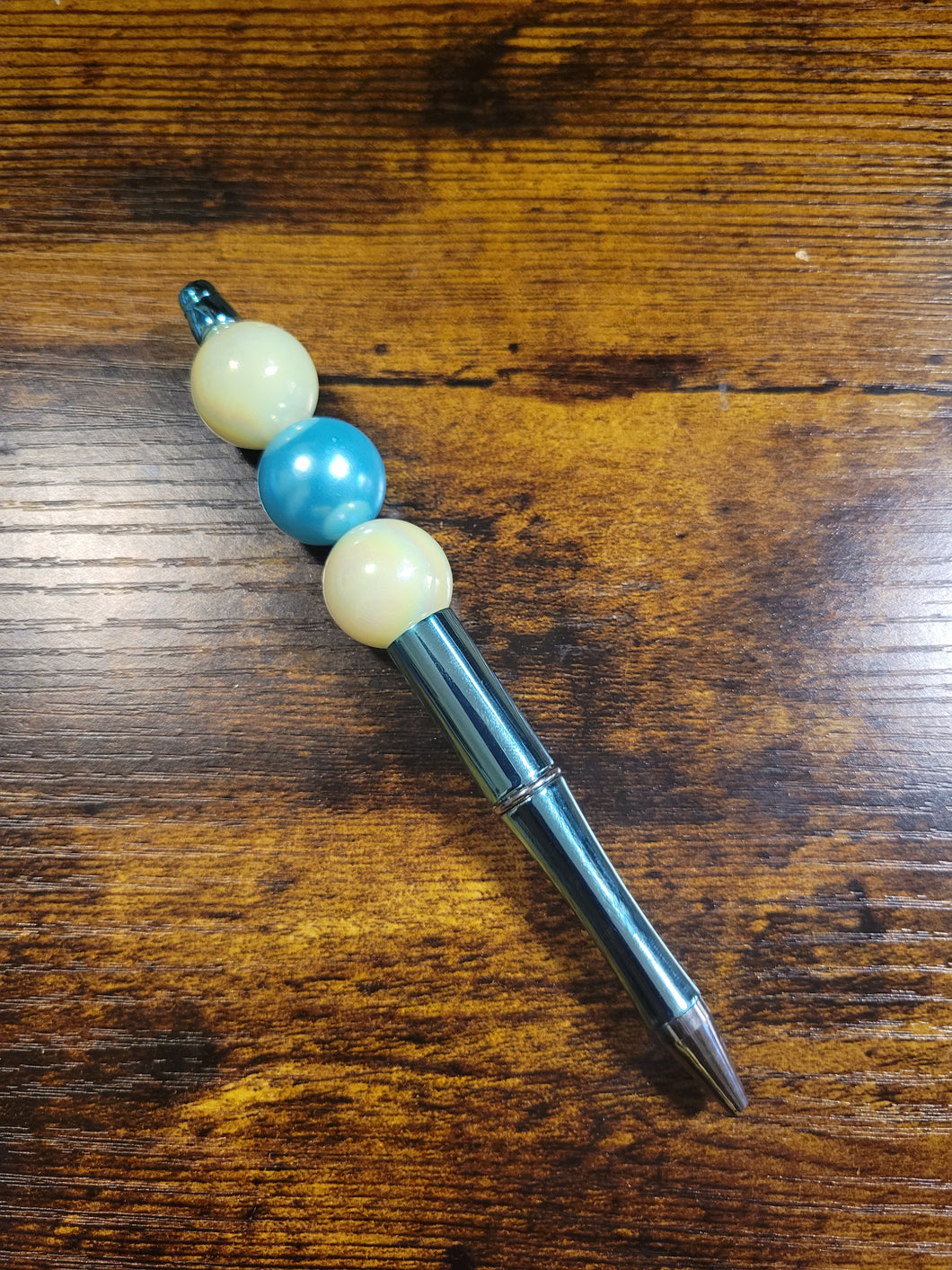 Metallic Turquoise w/ Iridescent Yellow and Turquoise Pearl - Beaded Pen