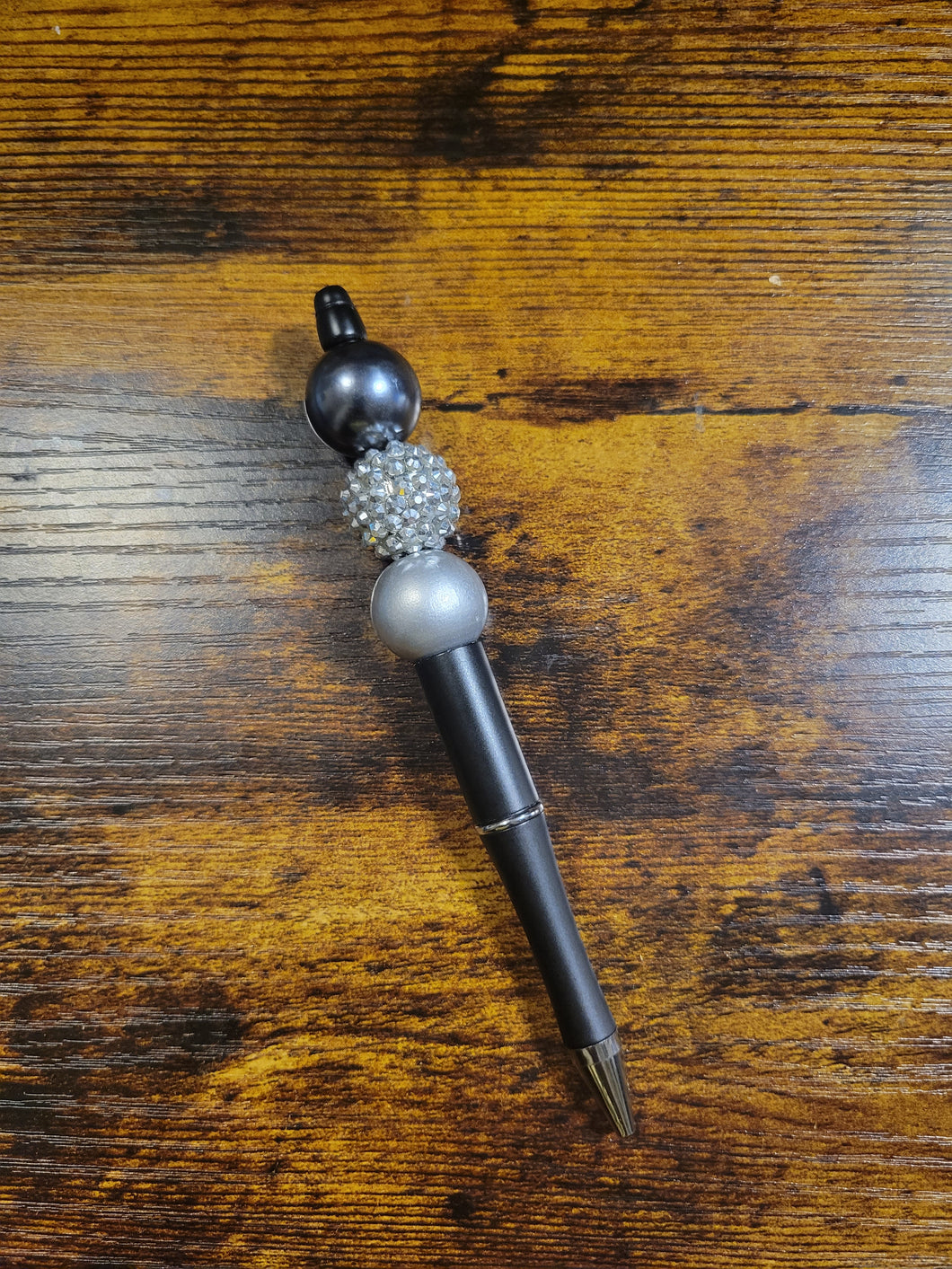 Black w/ Gray Pearl, Silver Rhinestone and Silver - Beaded Pen