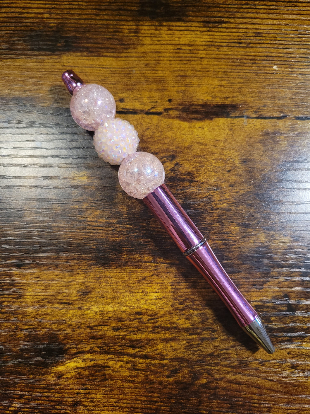 Metallic Pink w/ Iridescent Light Pink and Pink Rhinestone - Beaded Pen