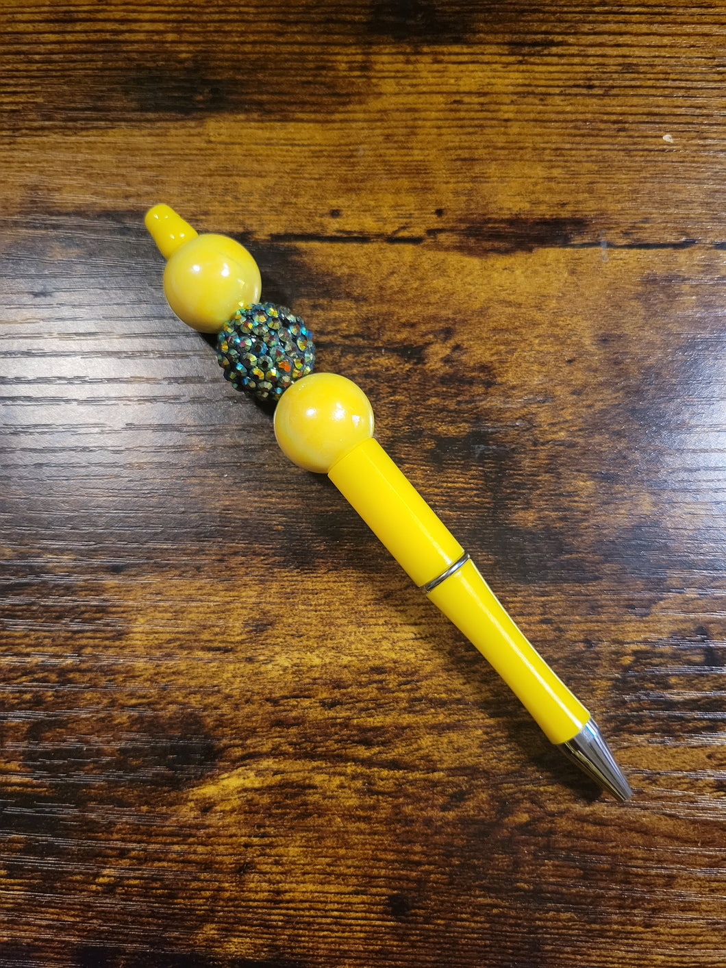 Yellow w/ Iridescent Yellow, Green Rhinestone - Beaded Pen