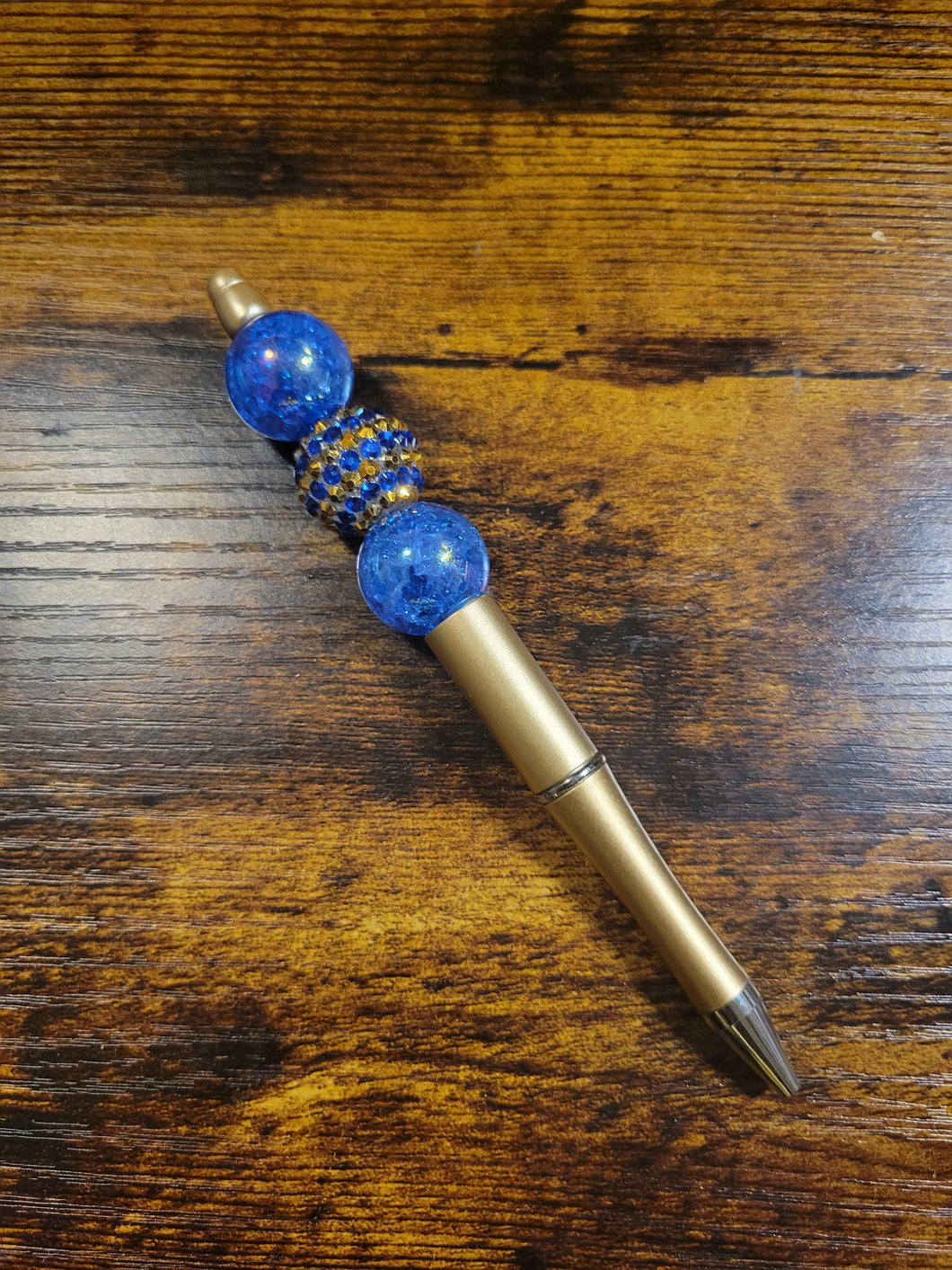 Gold w/ Iridescent Blue and Blue/Gold Rhinestone - Beaded Pen
