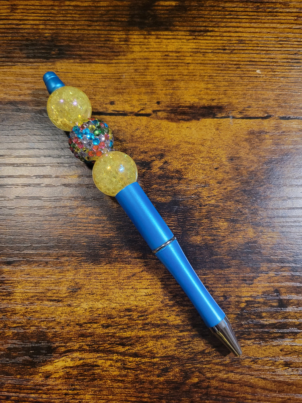 Aqua w/ Yellow and Pastel Multicolor Rhinestone - Beaded Pen