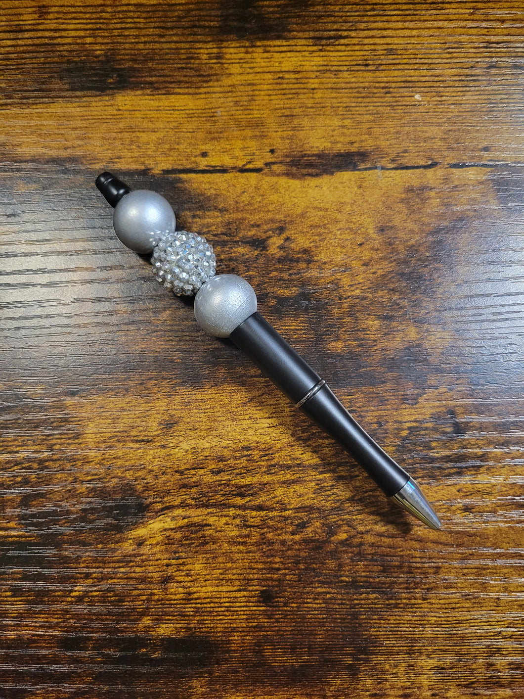 Black w/ Silver and Silver Rhinestone - Beaded Pen