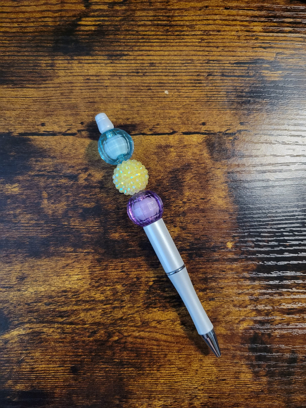 White w/ Aqua, Yellow Rhinestone, Purple - Beaded Pen