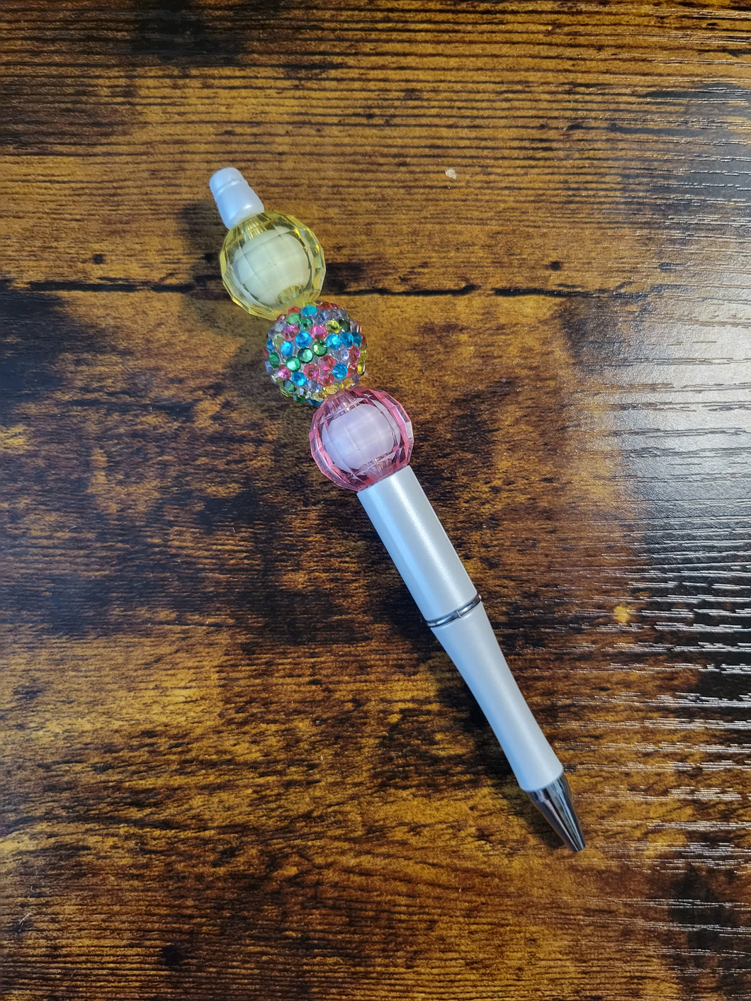 White w/ Yellow, Pastel Rhinestone, Pink - Beaded Pen