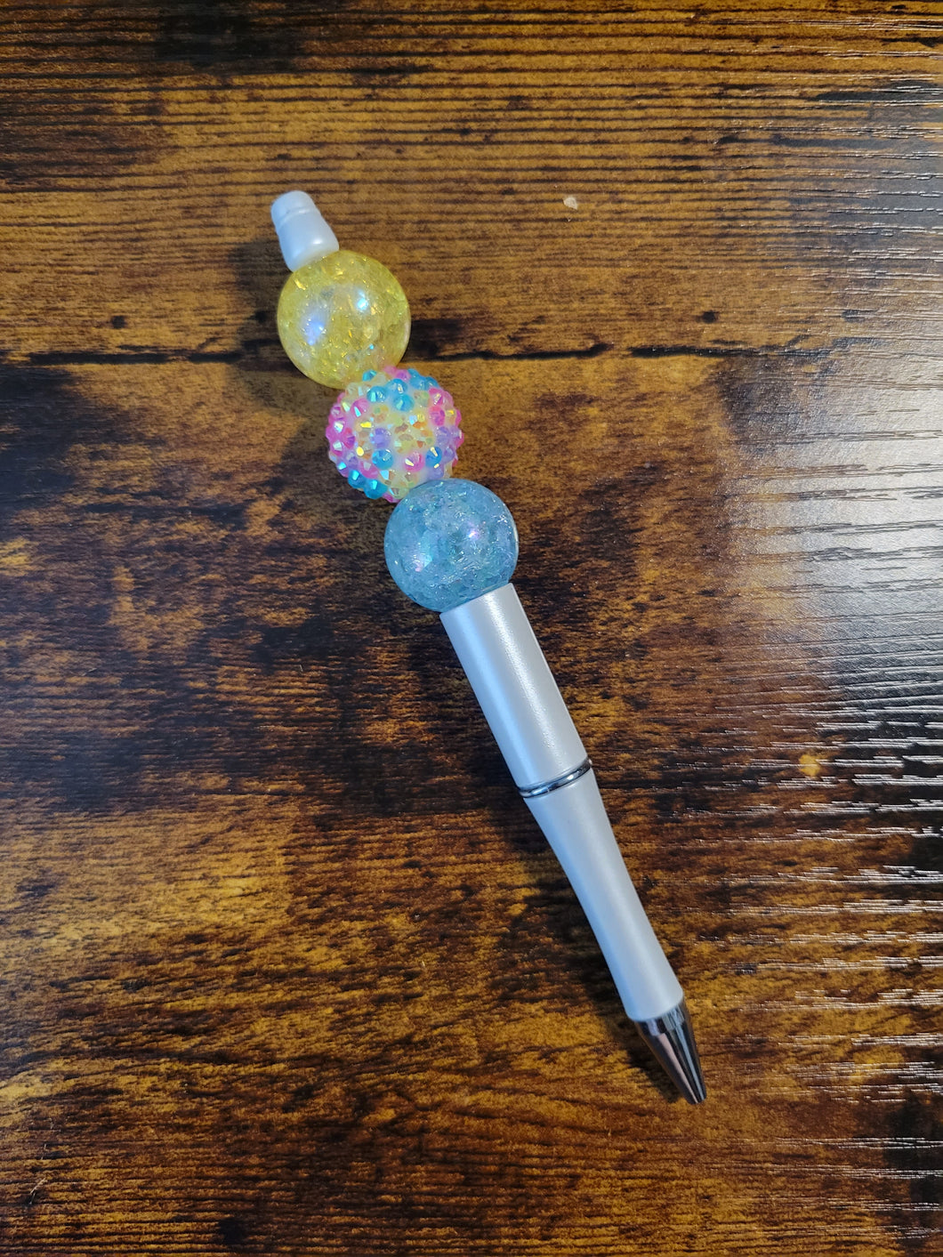 White w/ Yellow Sparkle, Pastel Rhinestone, Blue Sparkle - Beaded Pen