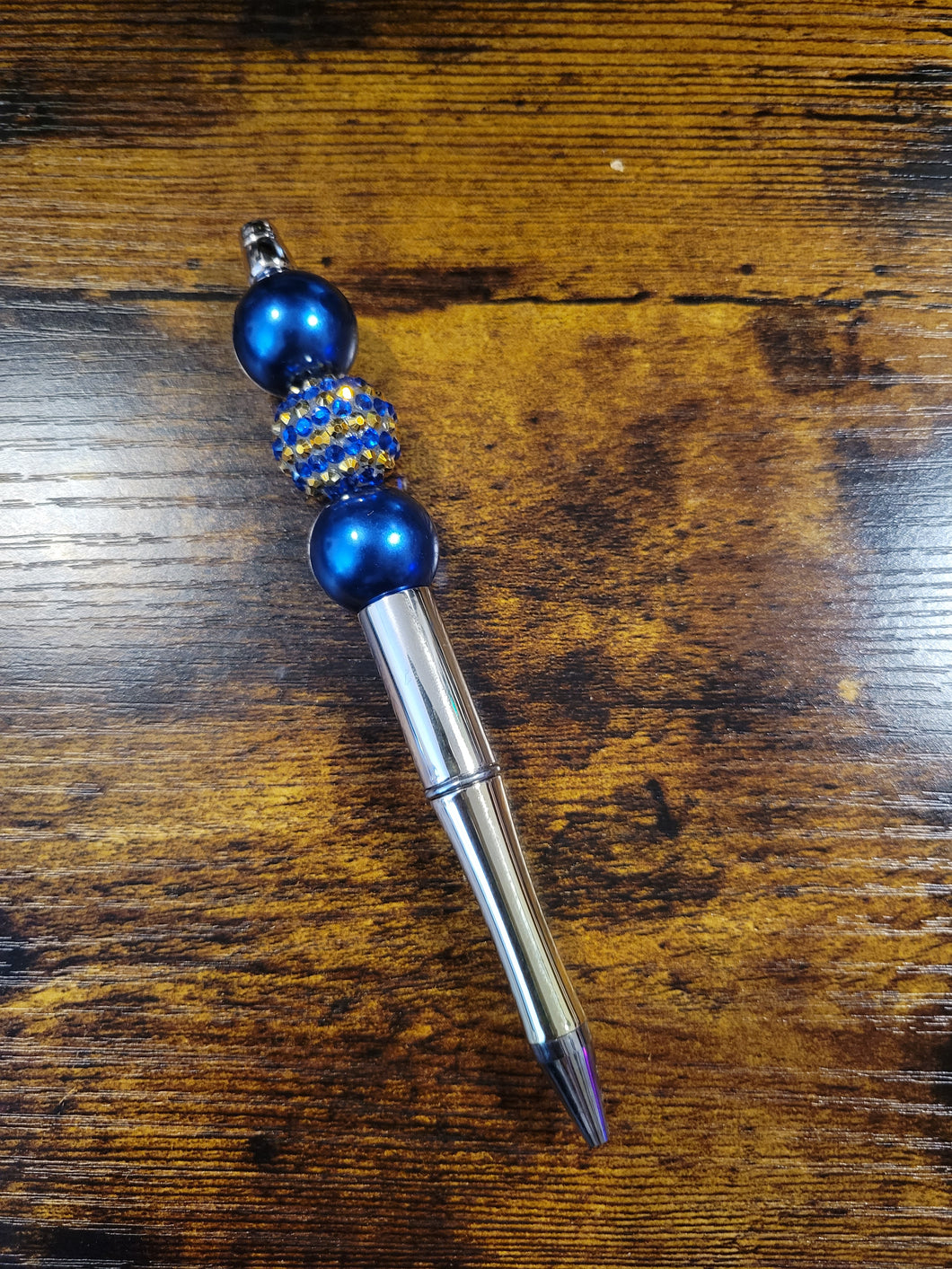 Gold w/ Blue Pearl and Blue/Gold Rhinestone - Beaded Pen