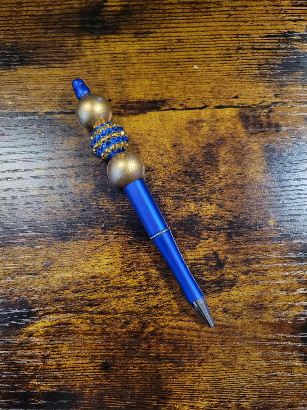 Royal Blue w/ Gold and Blue/Gold Rhinestone - Beaded Pen