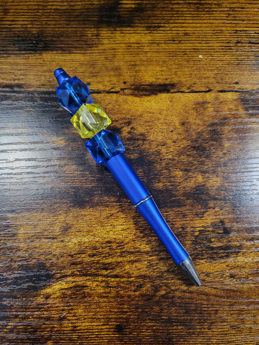 Royal Blue w/ Blue and Yellow Geometric - Beaded Pen