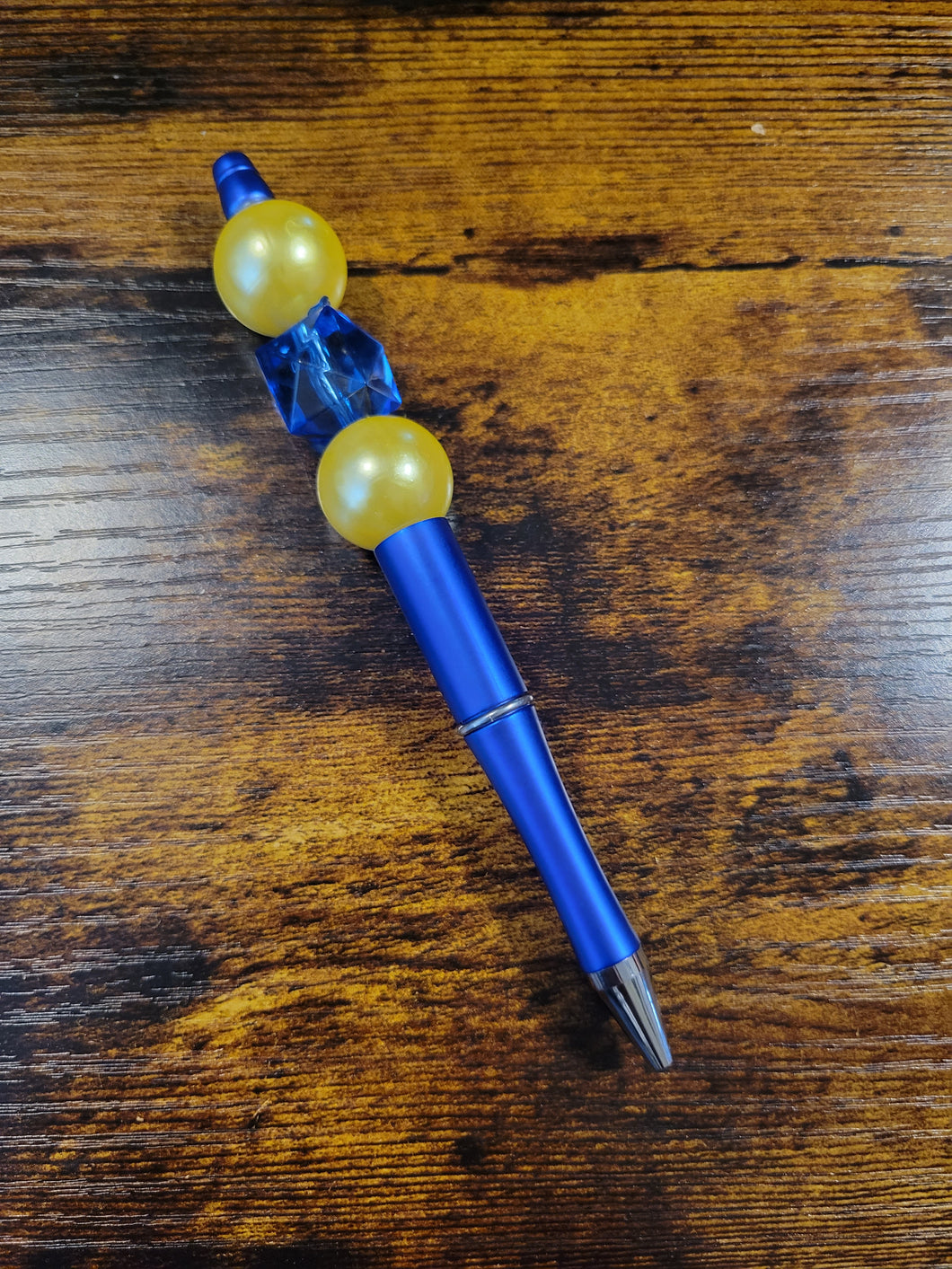 Royal Blue w/ Yellow Pearl and Blue Geometric - Beaded Pen