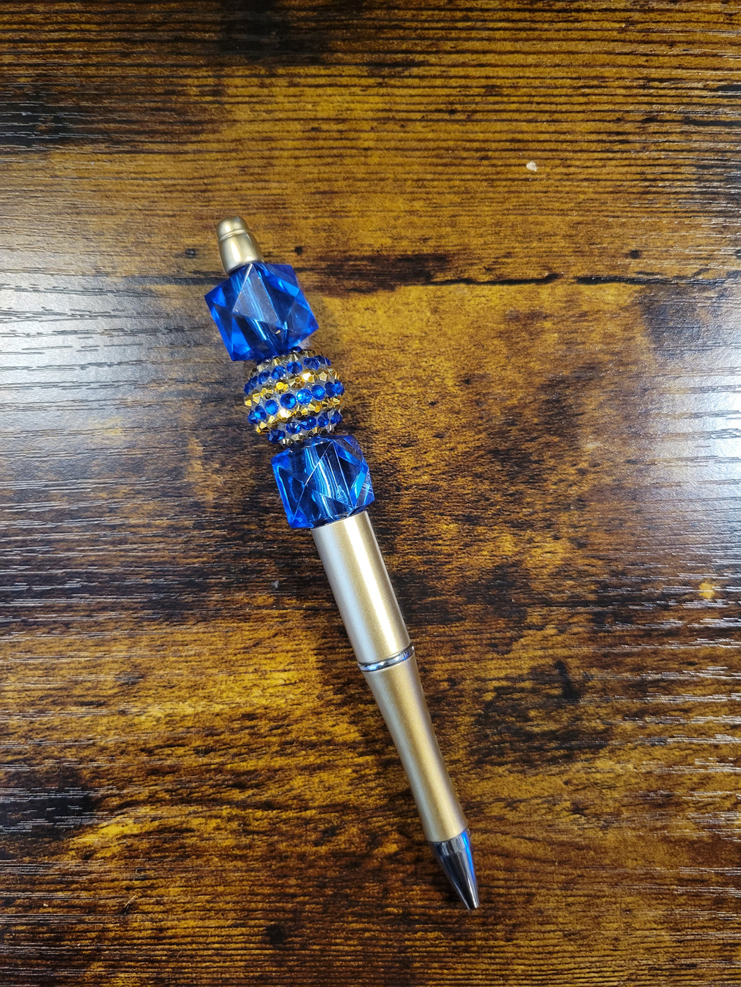 Gold w/ Blue Geometric and Blue/Gold Rhinestone - Beaded Pen