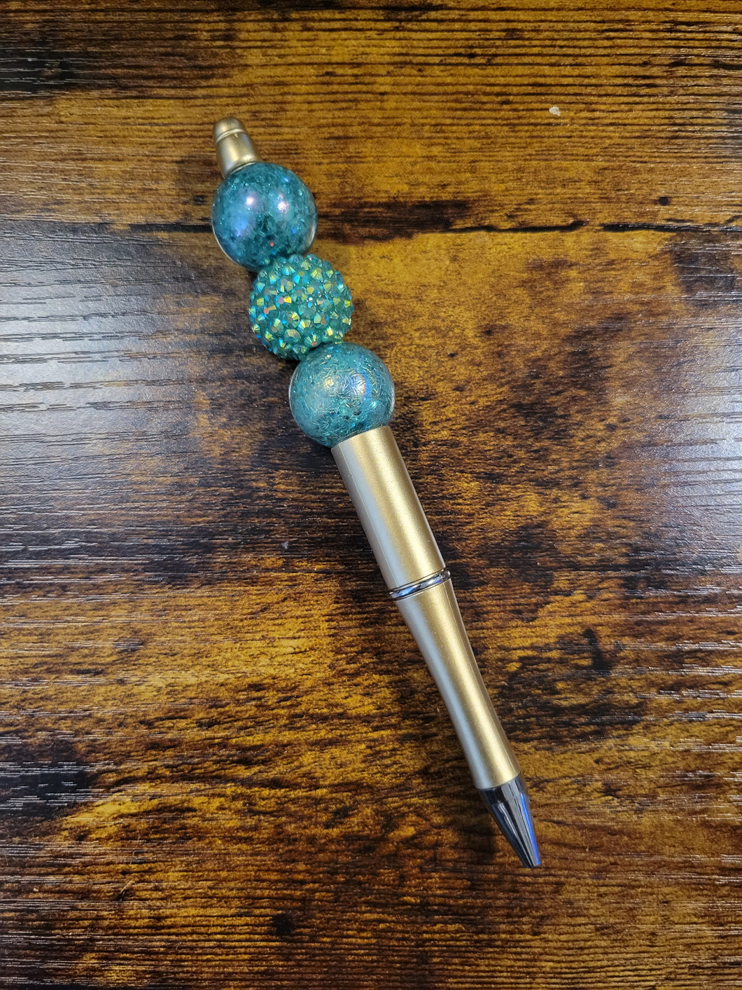 Gold w/ Green Sparkle and Green Iridescent  - Beaded Pen