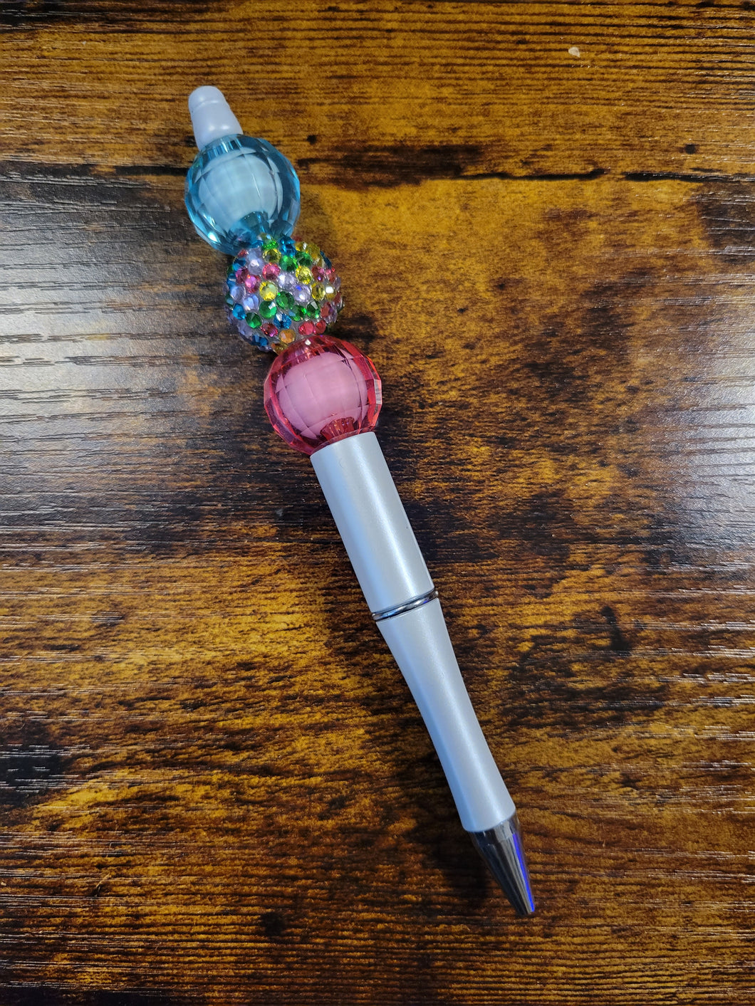 White w/ Light Blue, Pastel Rhinestone, Pink - Beaded Pen