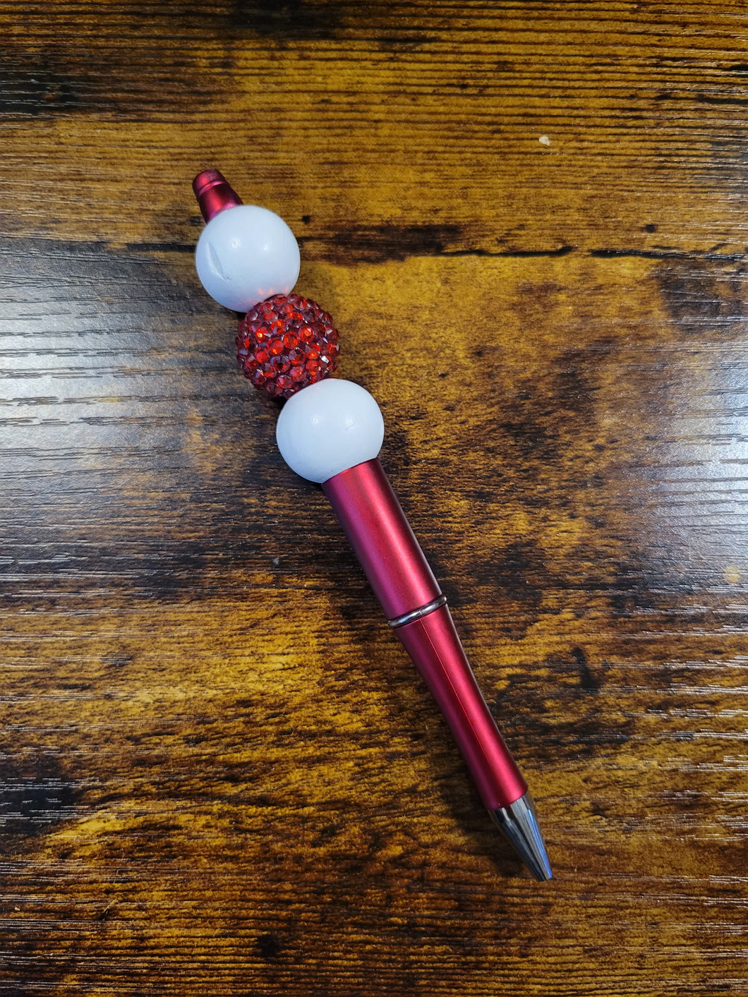 Red w/ White and Red Rhinestone - Beaded Pen