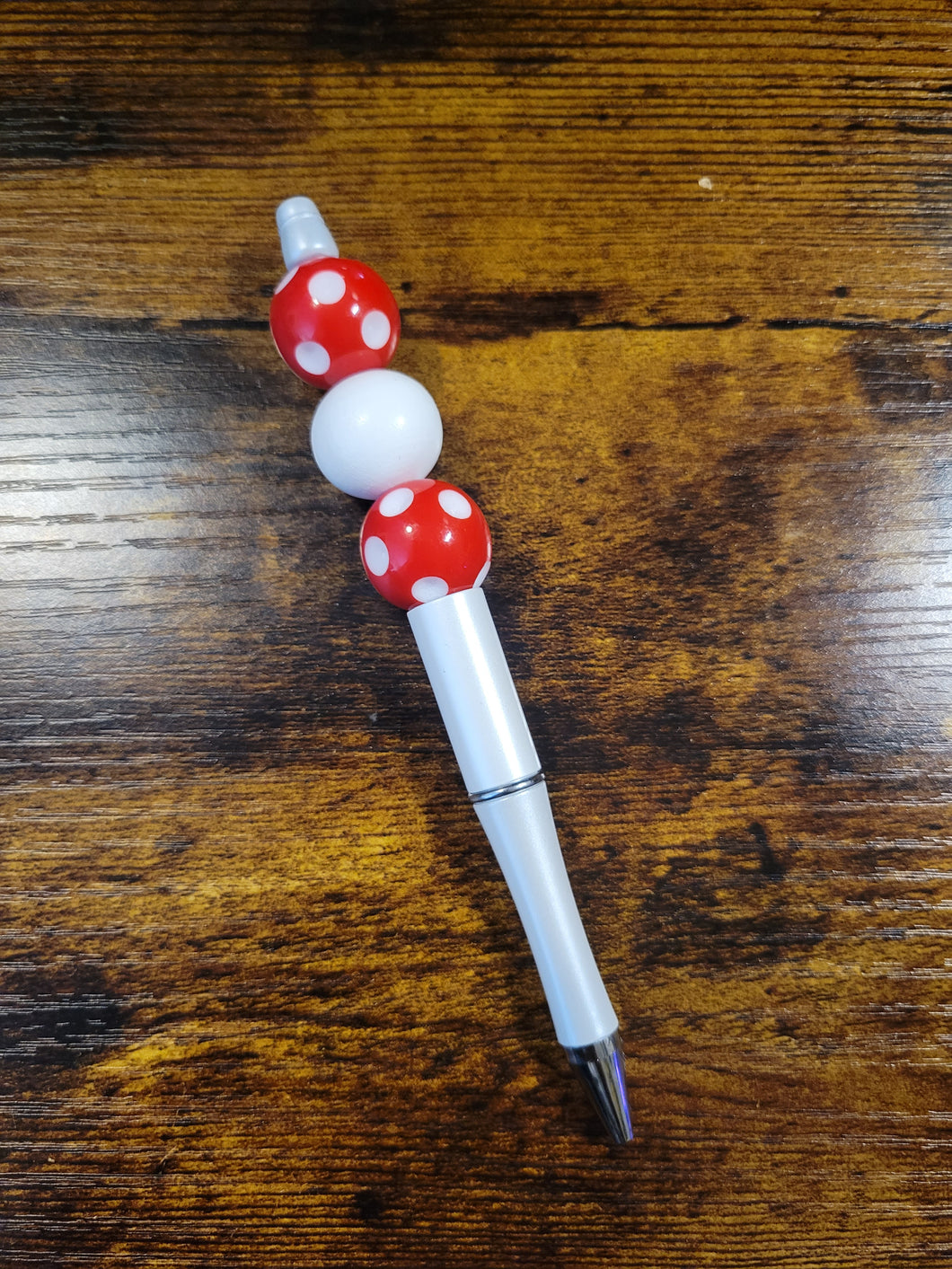 White w/ Red/White Polka Dot and White - Beaded Pen