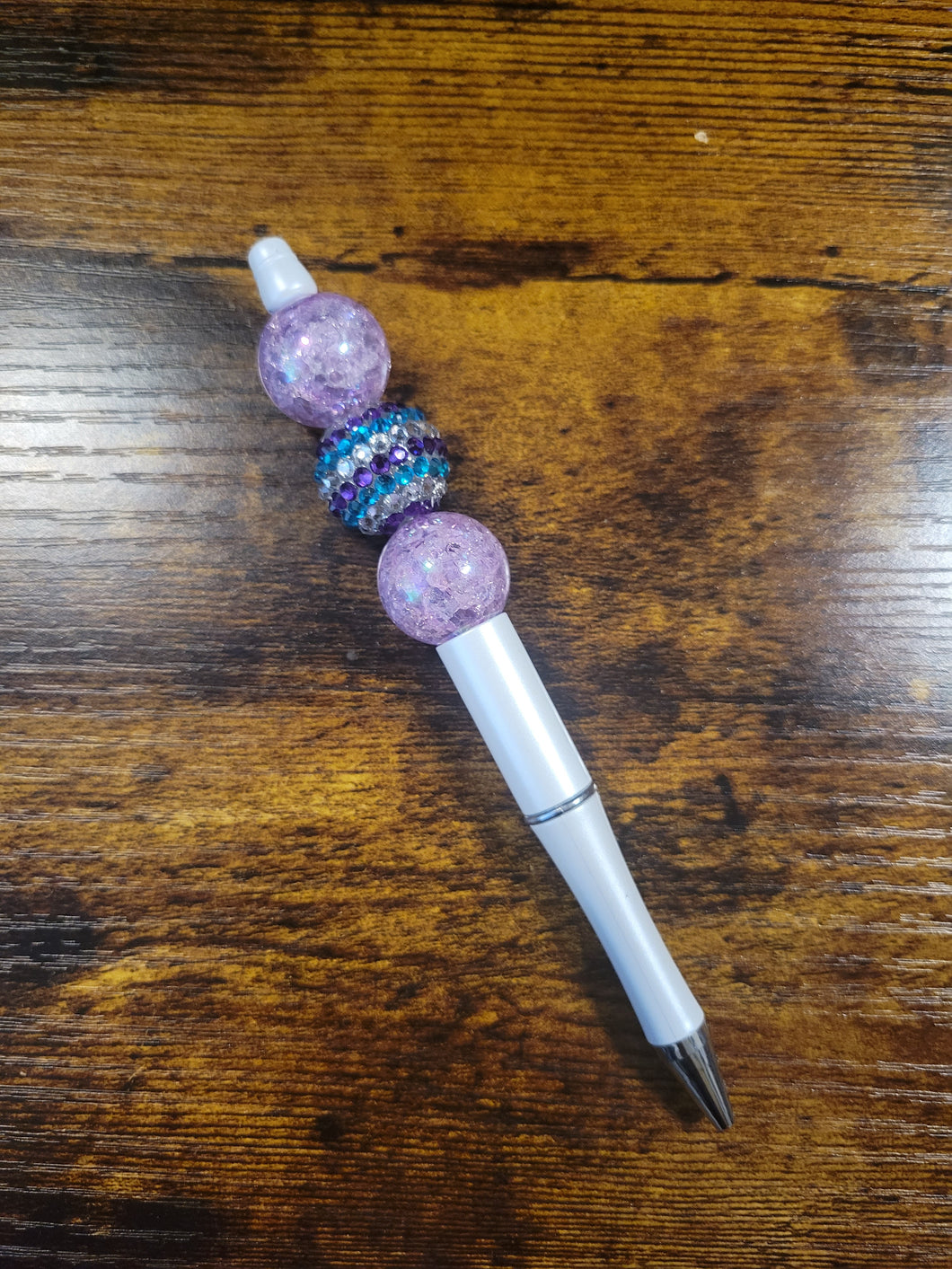 White w/ Purple Sparkle and Purple Striped Rhinestone - Beaded Pen