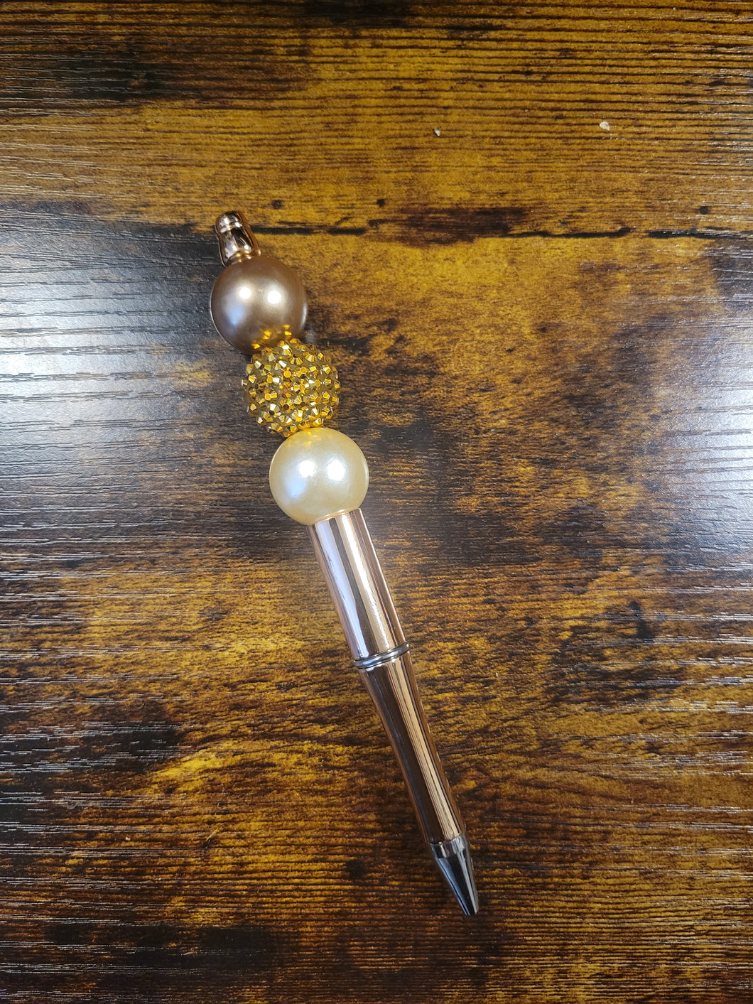 Bronze w/ Bronze Pearl, Gold Rhinestone, and White Pearl - Beaded Pen
