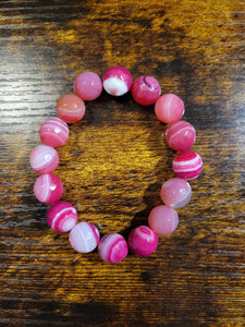 Hot Pink Striped Agate (12mm) - Beaded Bracelet