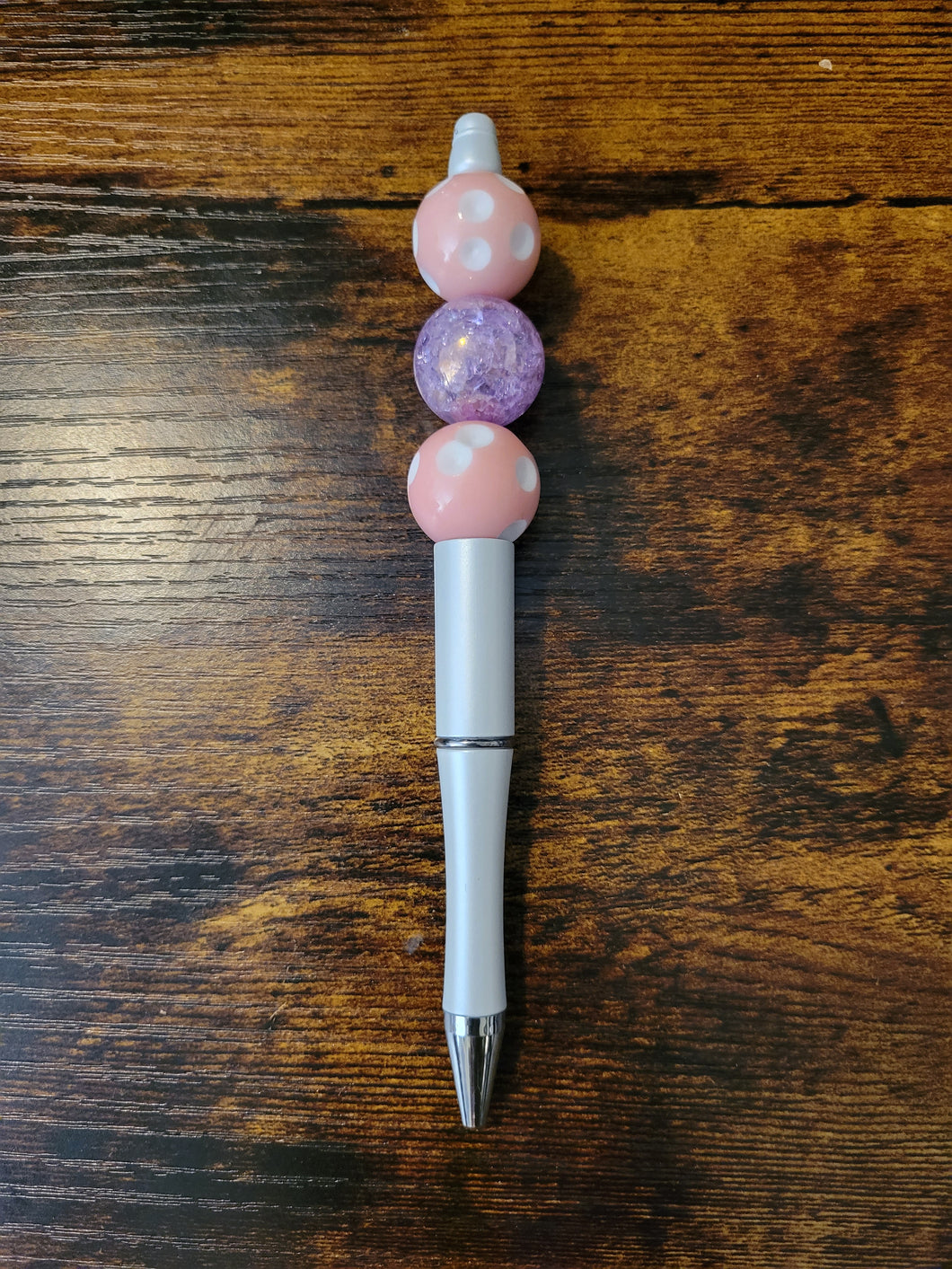 White w/ Light Pink Polka Dot & Crackle Purple - Beaded Pen