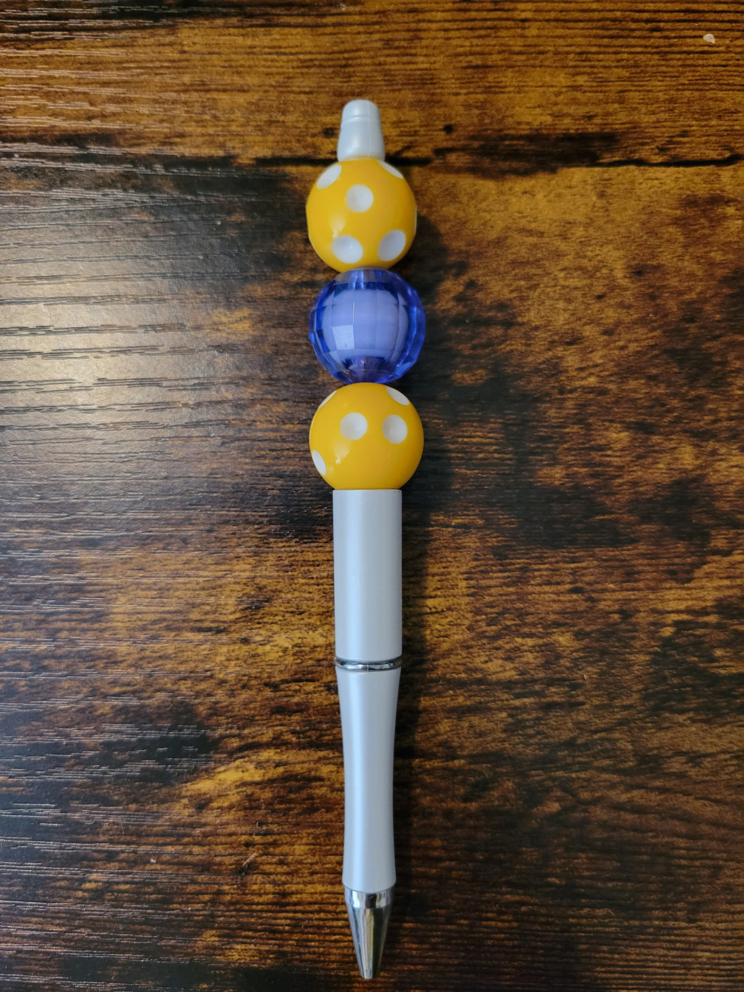 White w/ Yellow Polka Dot and Blue - Beaded Pen