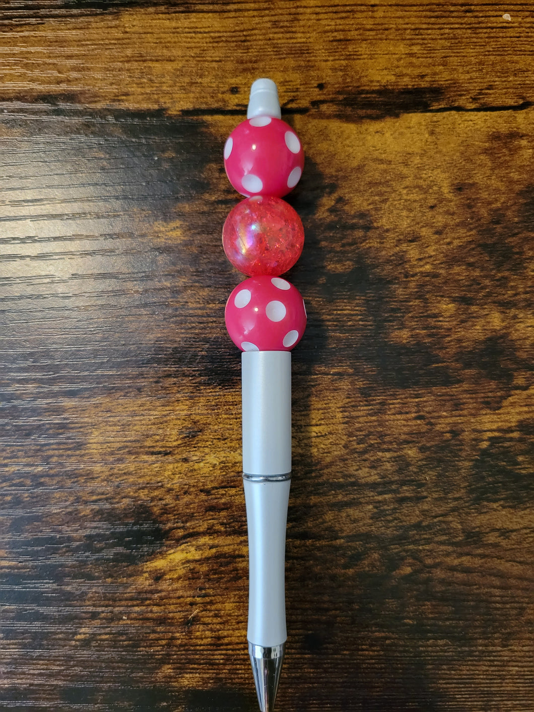 White w/ Hot Pink Polka Dot & Crackle Hot Pink - Beaded Pen