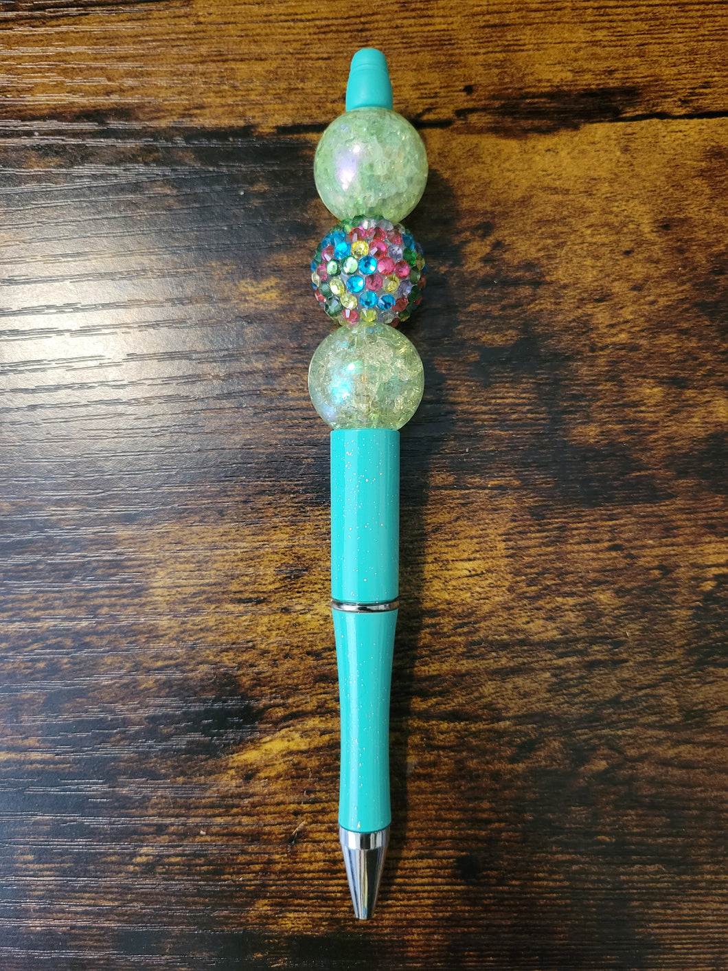 Lime Green w/ Crackle Light Green & Pastel Rhinestone - Beaded Pen