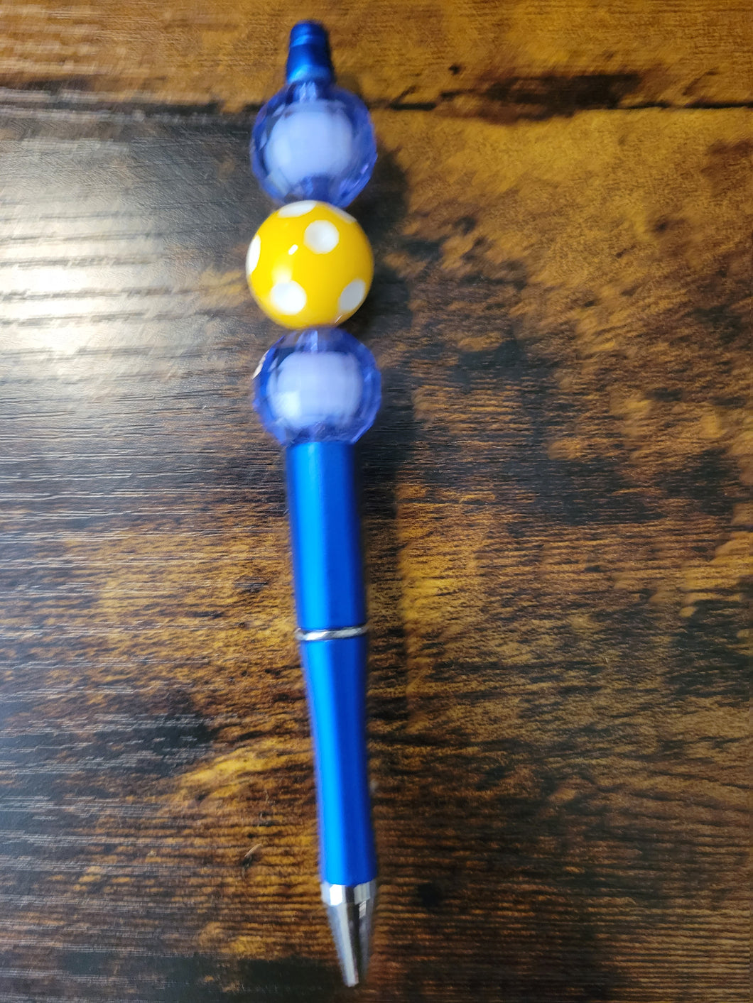 Metallic Blue w/ Blue & Yellow Polka Dot - Beaded Pen