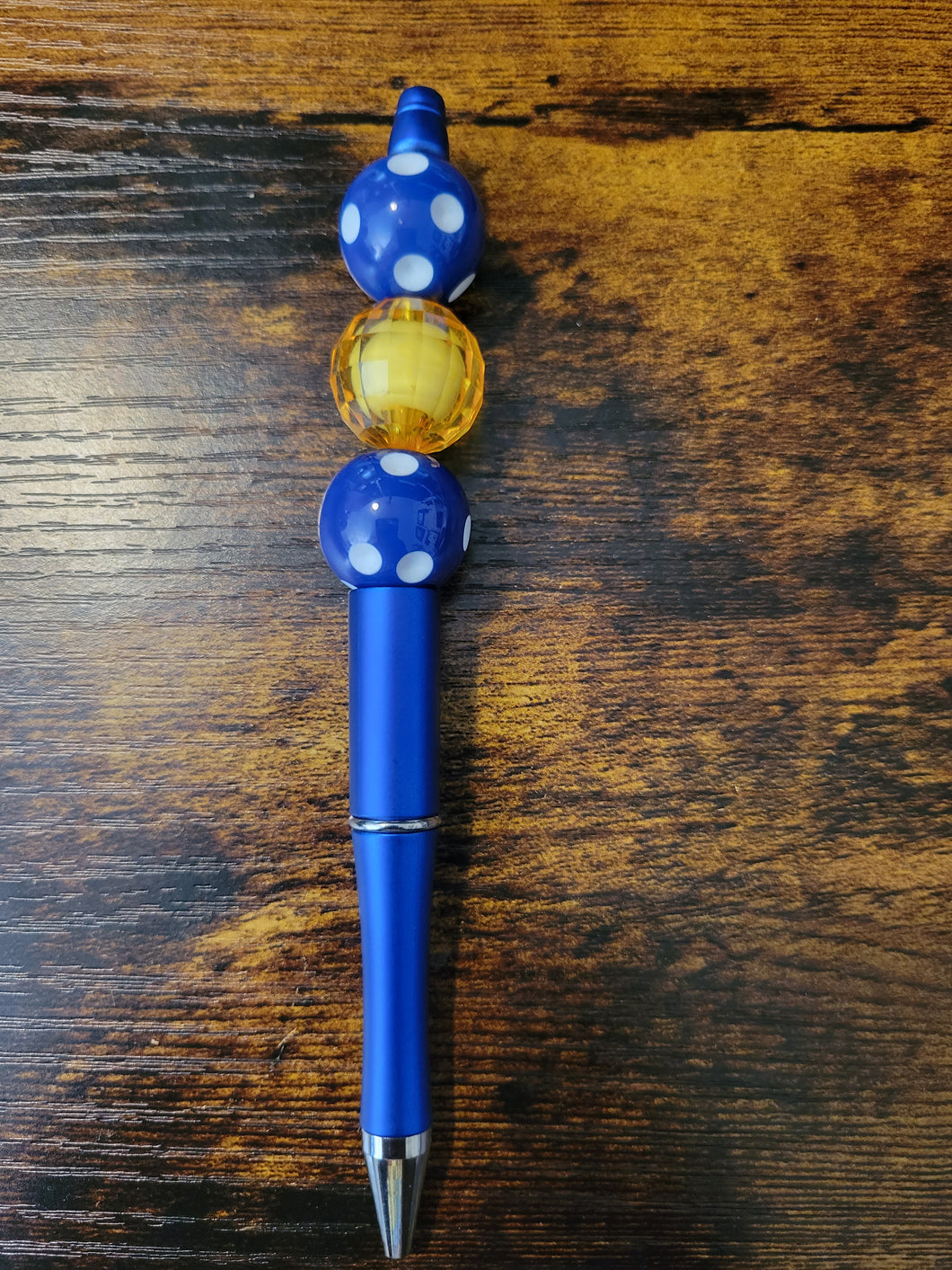 Metallic Blue w/ Blue Polka Dot & Yellow - Beaded Pen