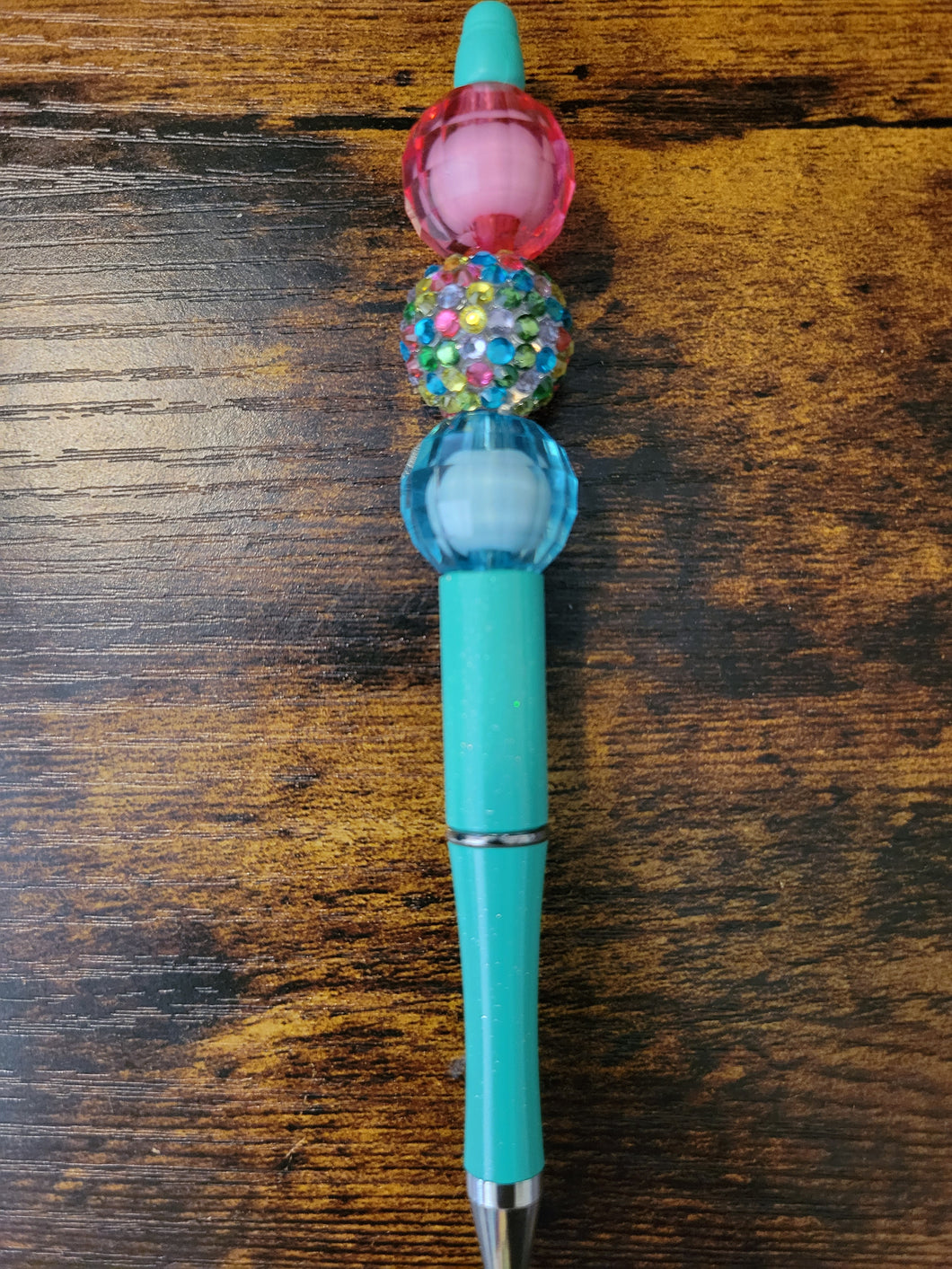 Metallic Light Green w/ Pink, Pastel Rhinestones and Blue - Beaded Pen