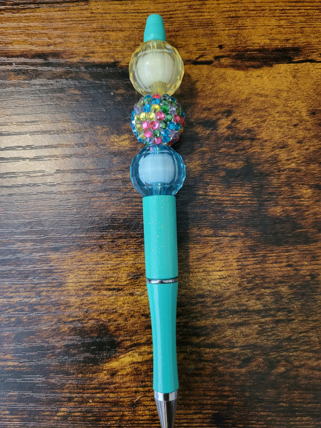 Lime Green w/ Yellow, Pastel Rhinestone, and Blue - Beaded Pen