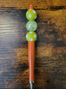 Metallic Orange w/ Lime Green Polka Dot & Crackle Green - Beaded Pen