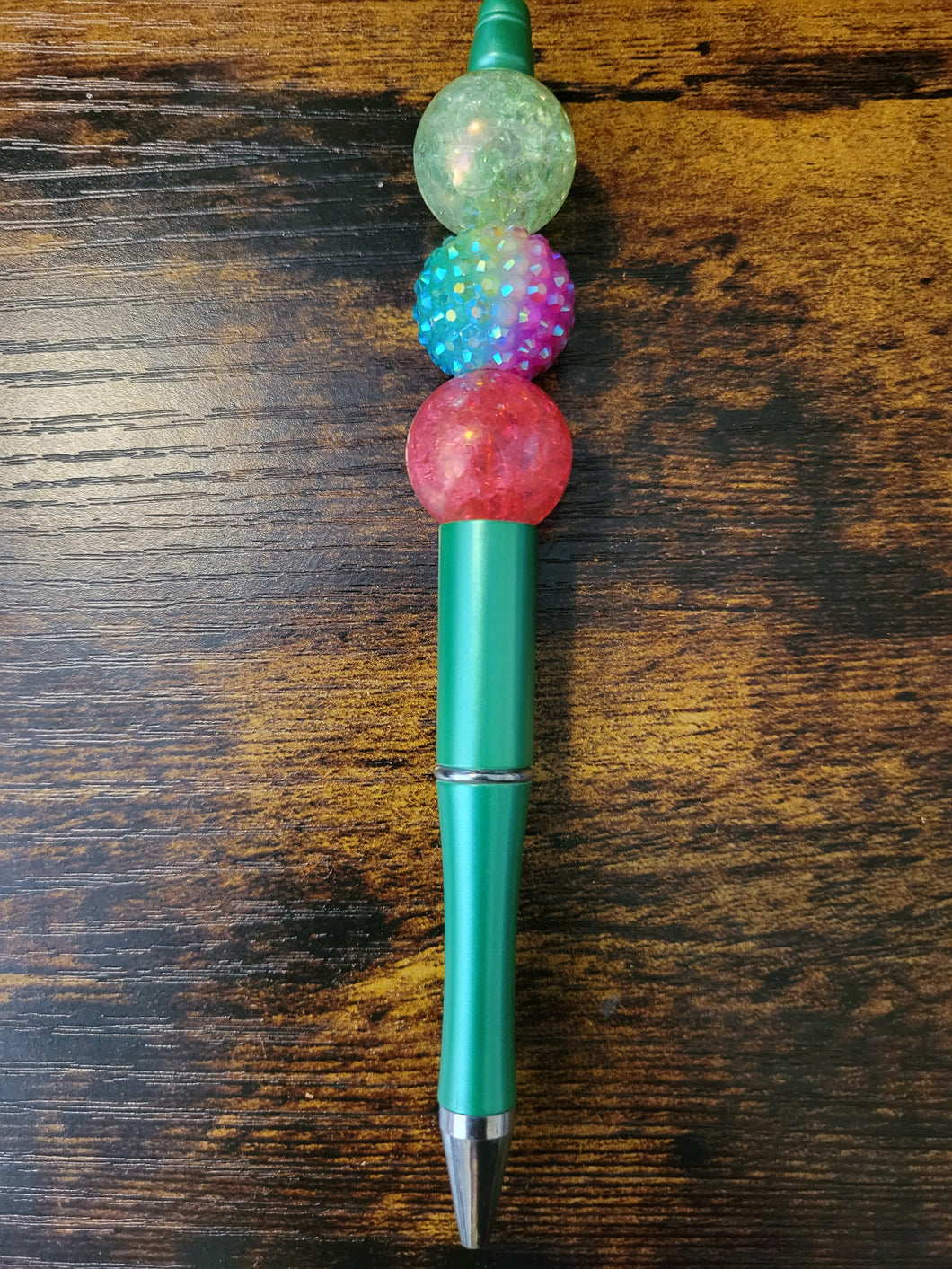 Metallic green w/ crackle green, pastel rhinestone, crackle pink - Beaded Pen