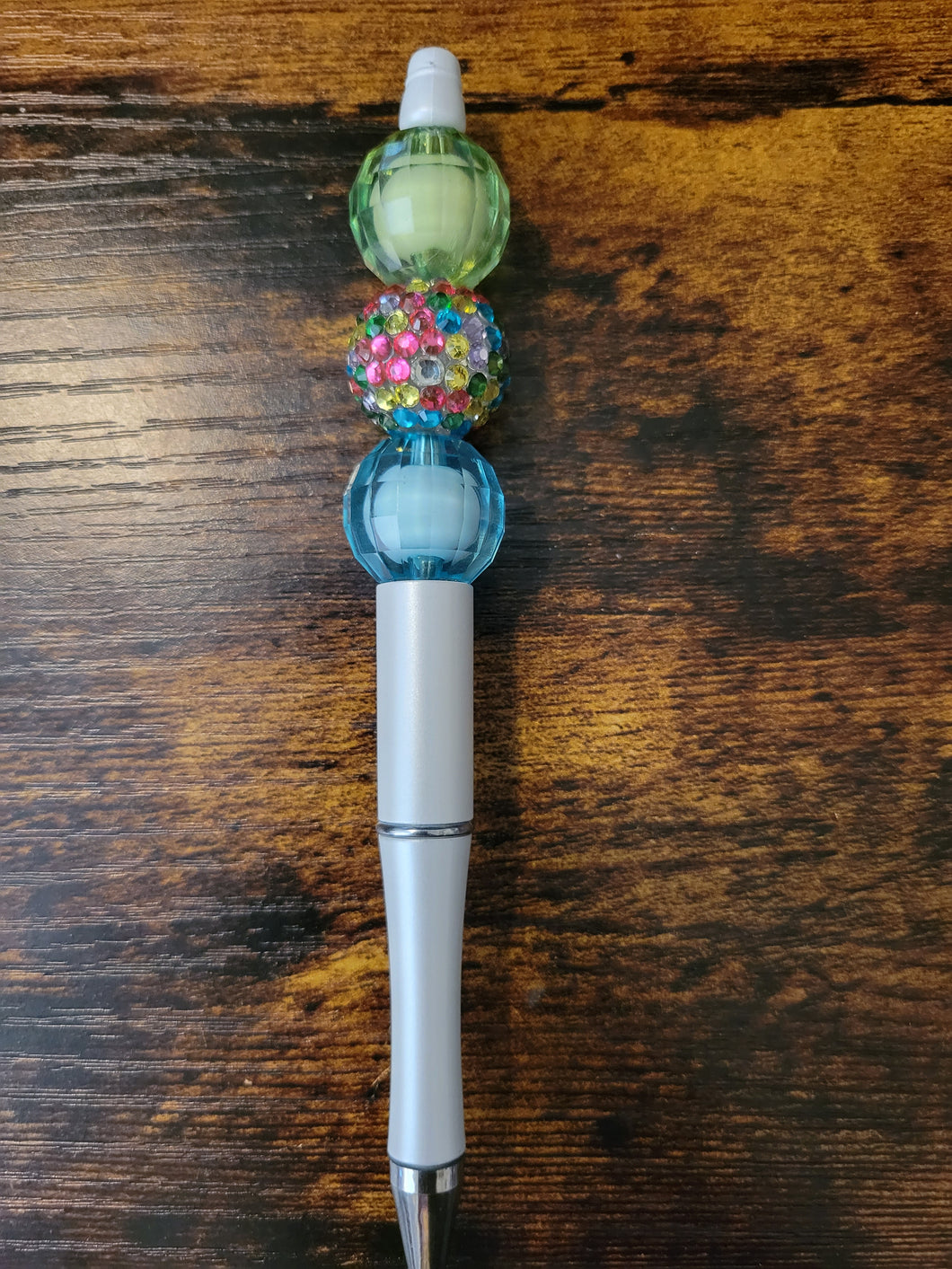 White w/ Green, Pastel Rhinestone, and Blue - Beaded Pen