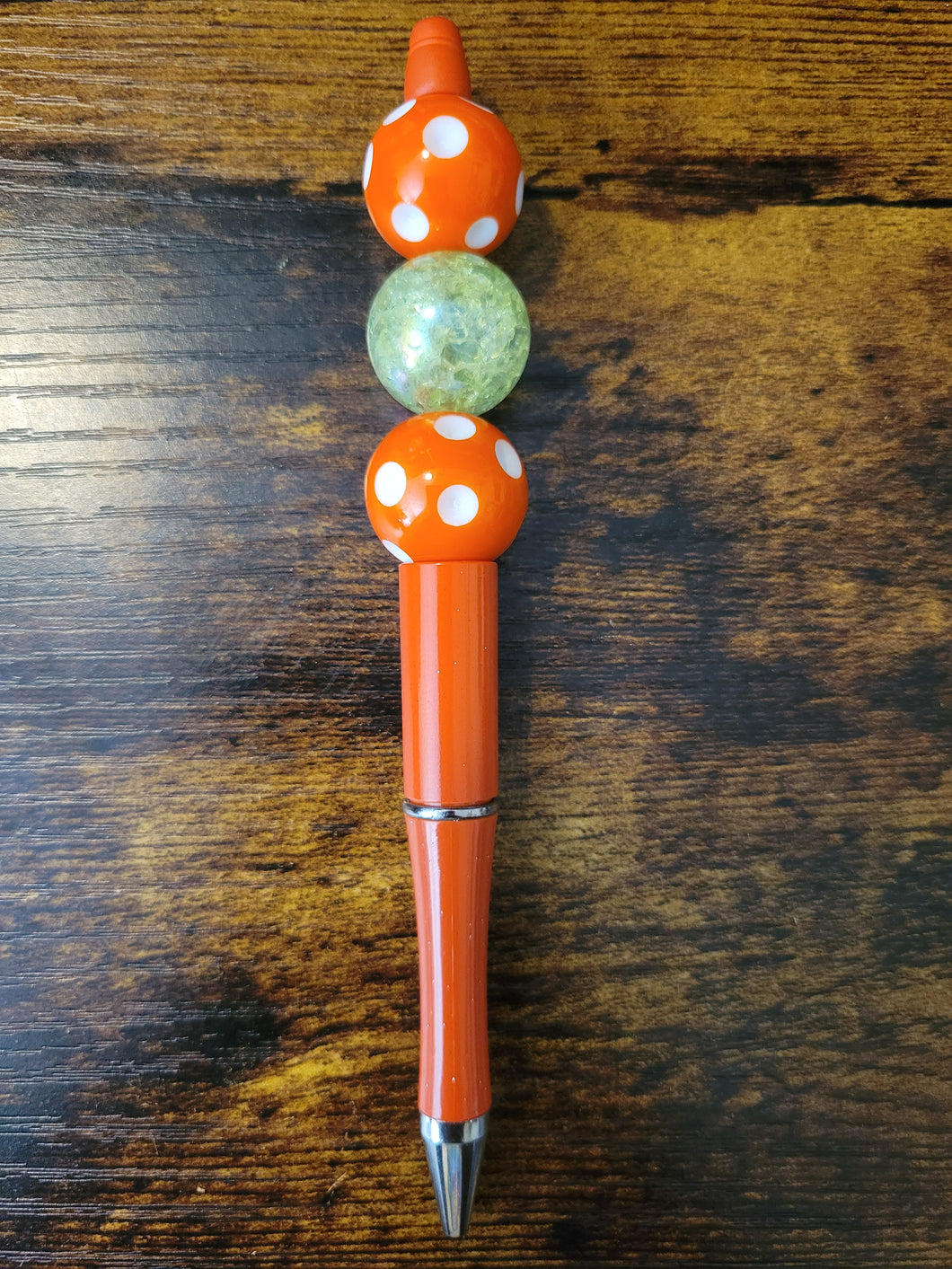 Orange w/ Orange Polka Dot & Crackle Green - Beaded Pen
