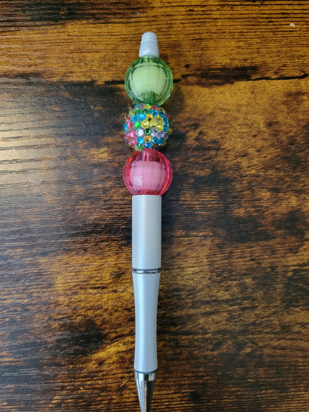 White w/ Green, Pastel Rhinestone, and Pink - Beaded Pen