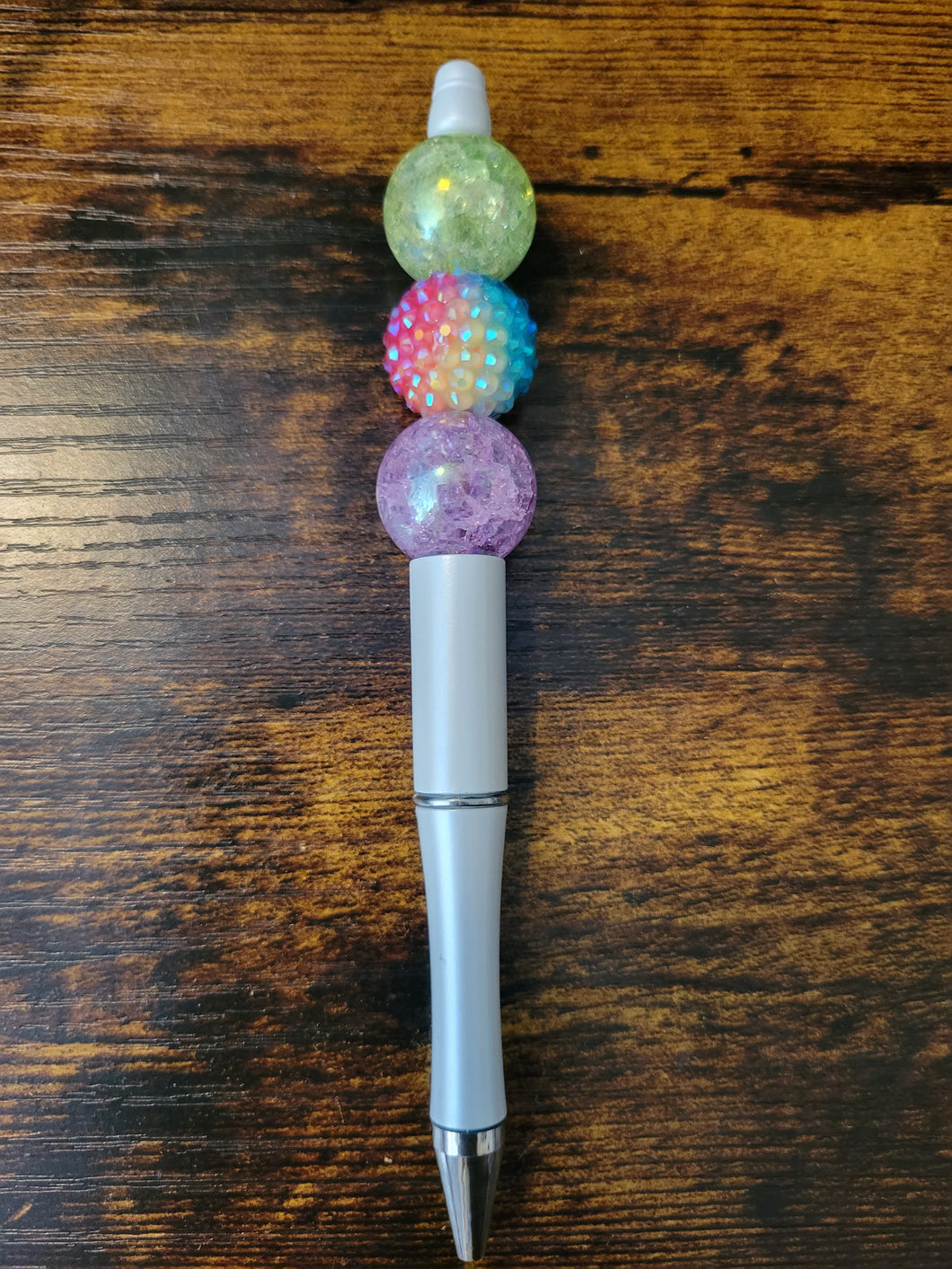 White w/ Crackle Green, Pastel Rhinestone, and Crackle Lilac - Beaded Pen