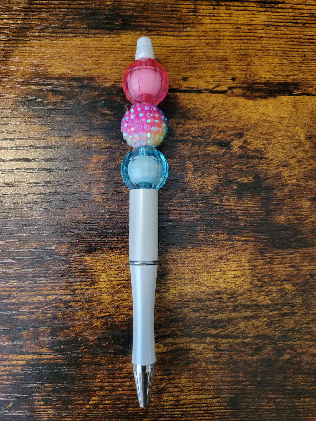 White w/ Pink, Pastel Rhinestone, and Blue - Beaded Pen