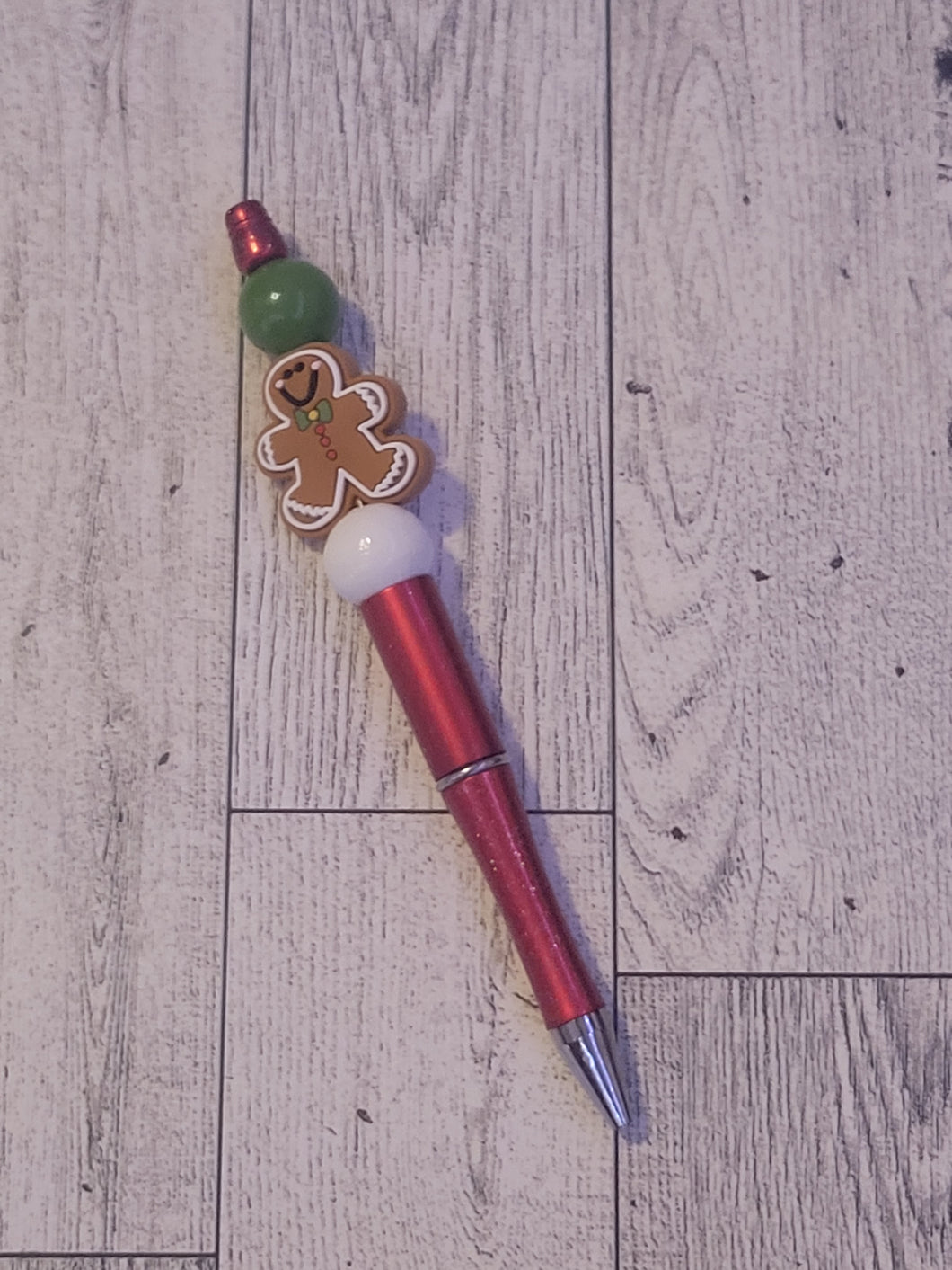 Red w/ Gingerbread/Green/White - Beaded Pen