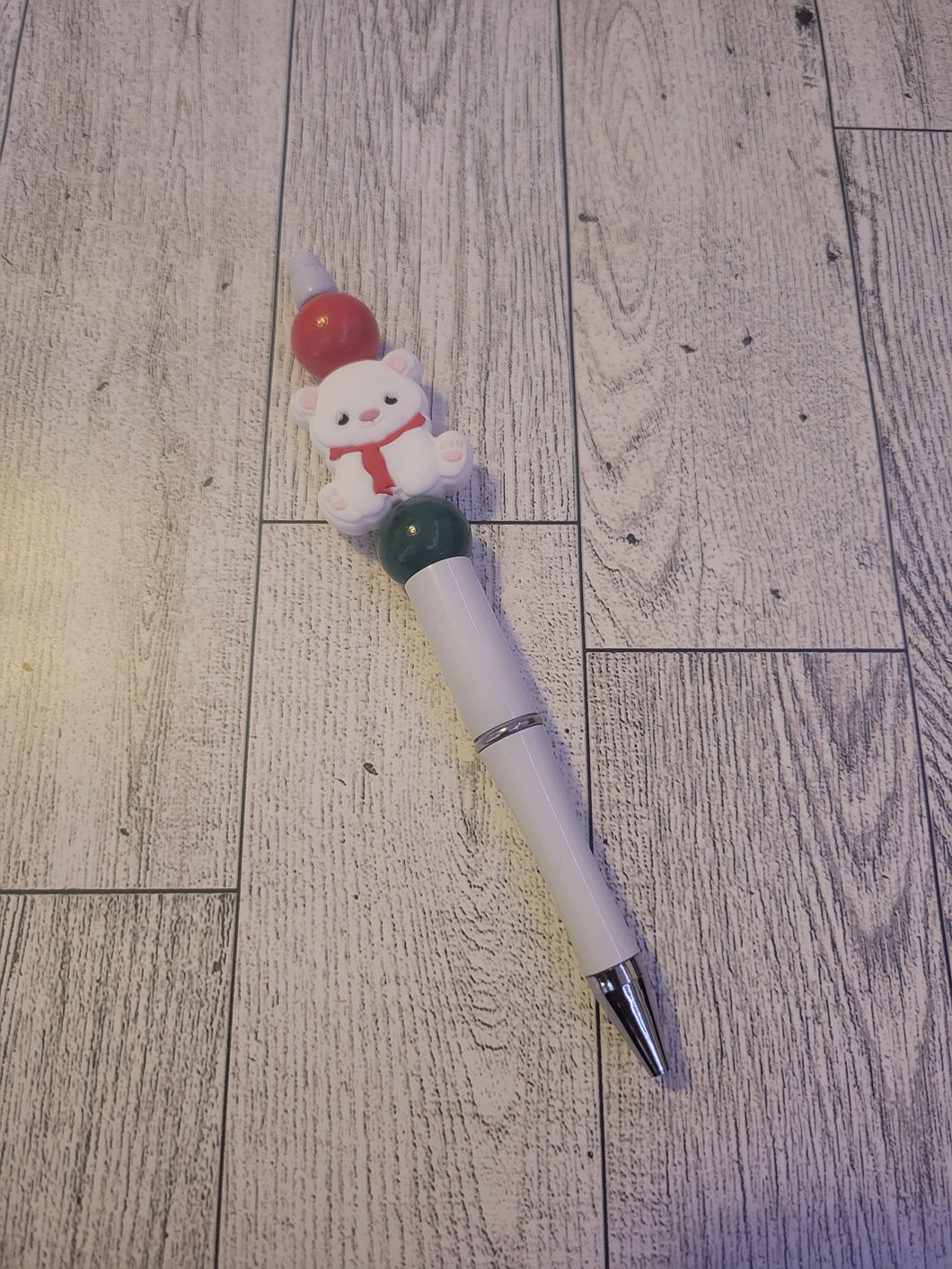 White w/ White Bear/Red/Green - Beaded Pen