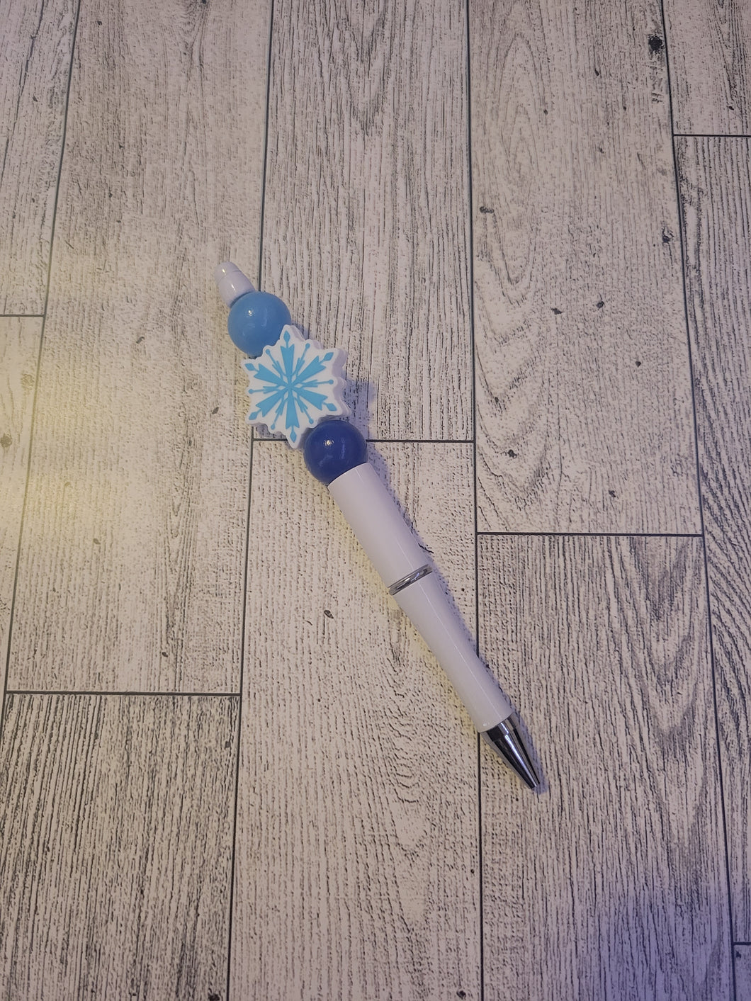 White w/ Snowflake/Light Blue/Dk Blue - Beaded Pen