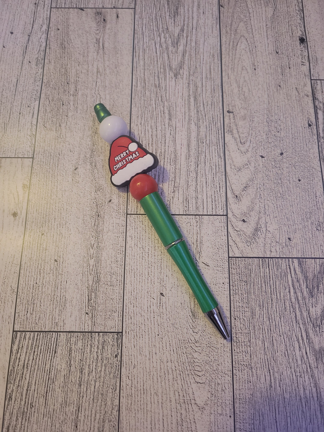 Green w/ Santa Hat/White/Red - Beaded Pen