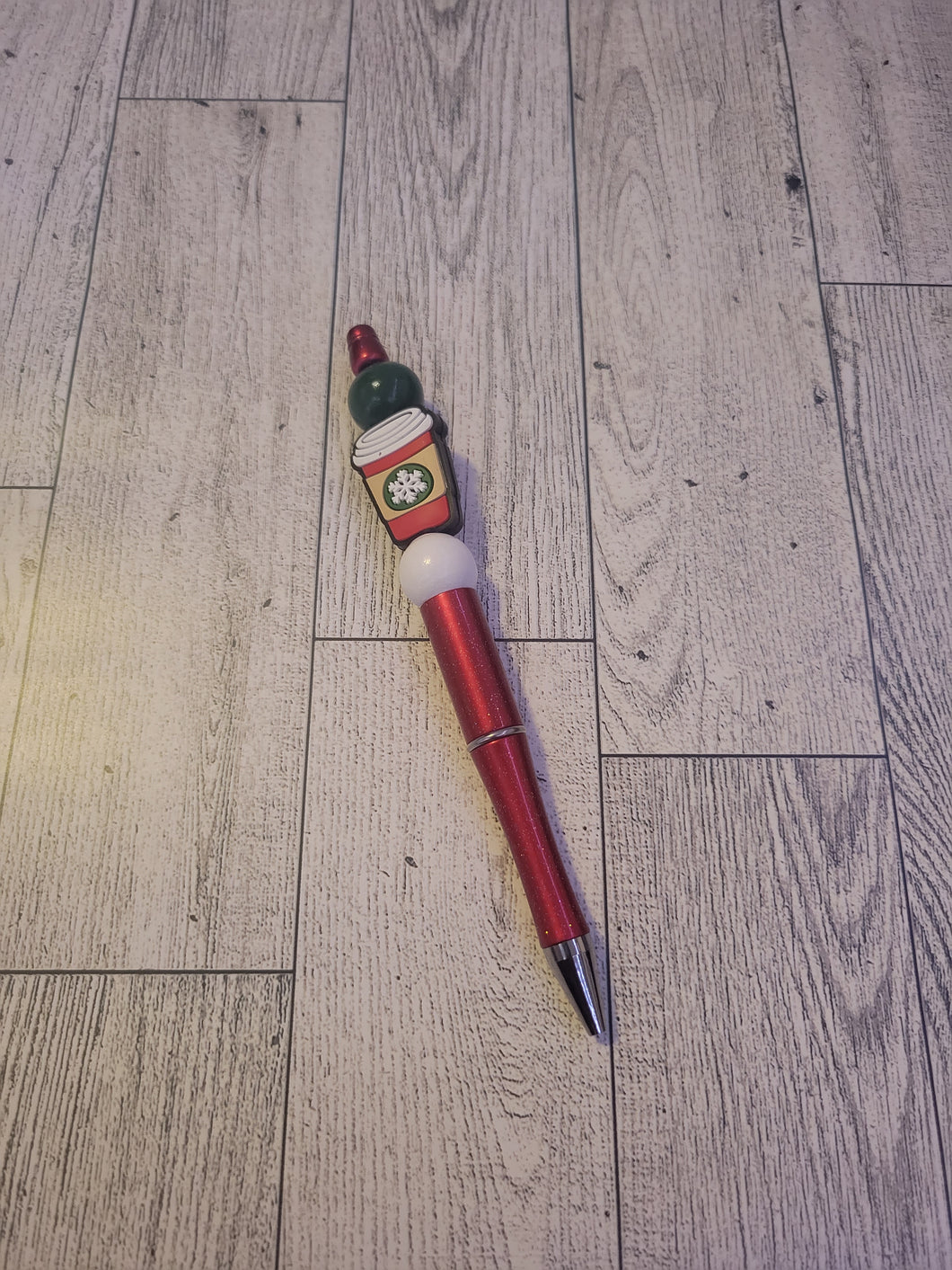 Red w/ Holiday Cup/White/Green - Beaded Pen