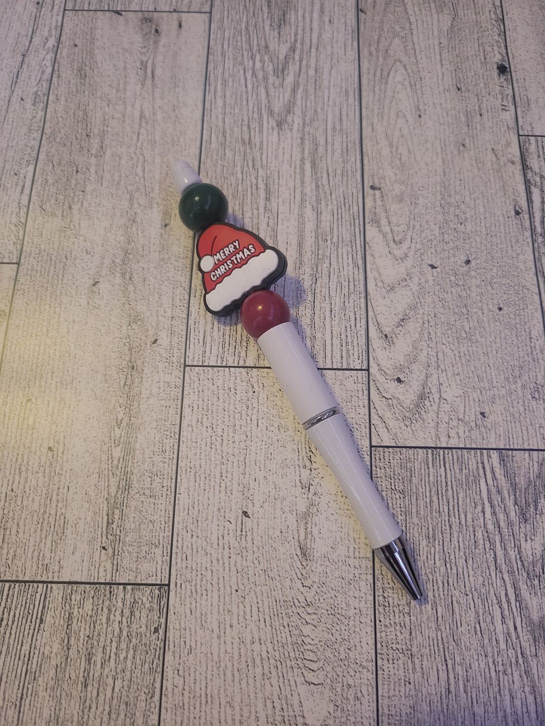 White w/ Santa Hat/Red/Green - Beaded Pen