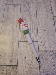 White w/ Snowman/Red/Green - Beaded Pen