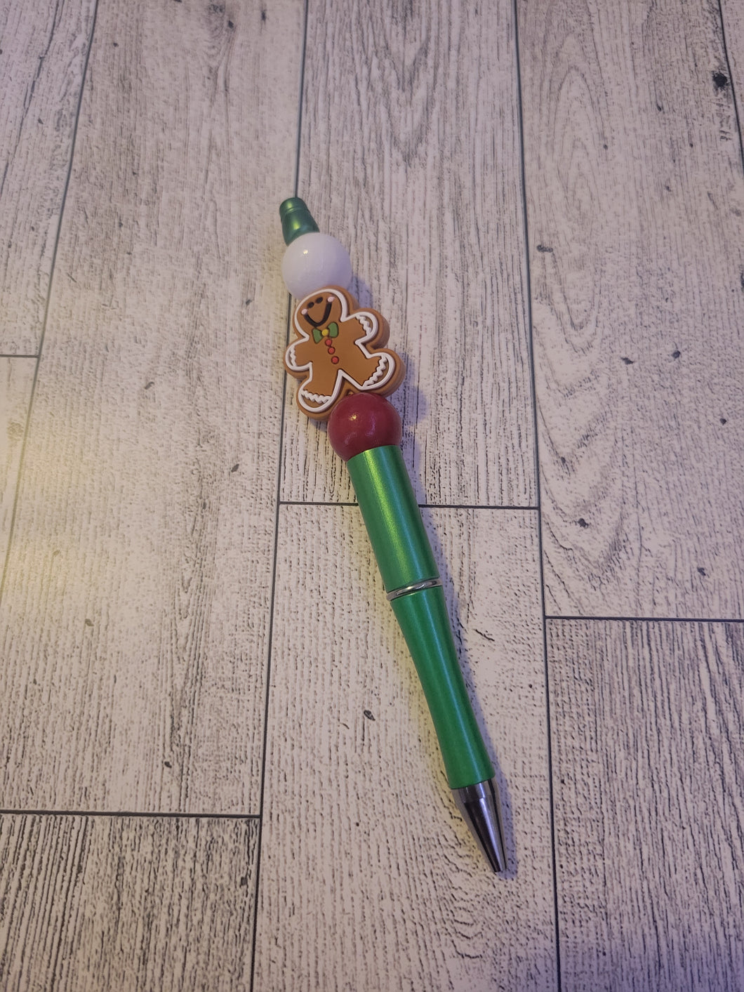 Green w/ Gingerbread/White/Red - Beaded Pen