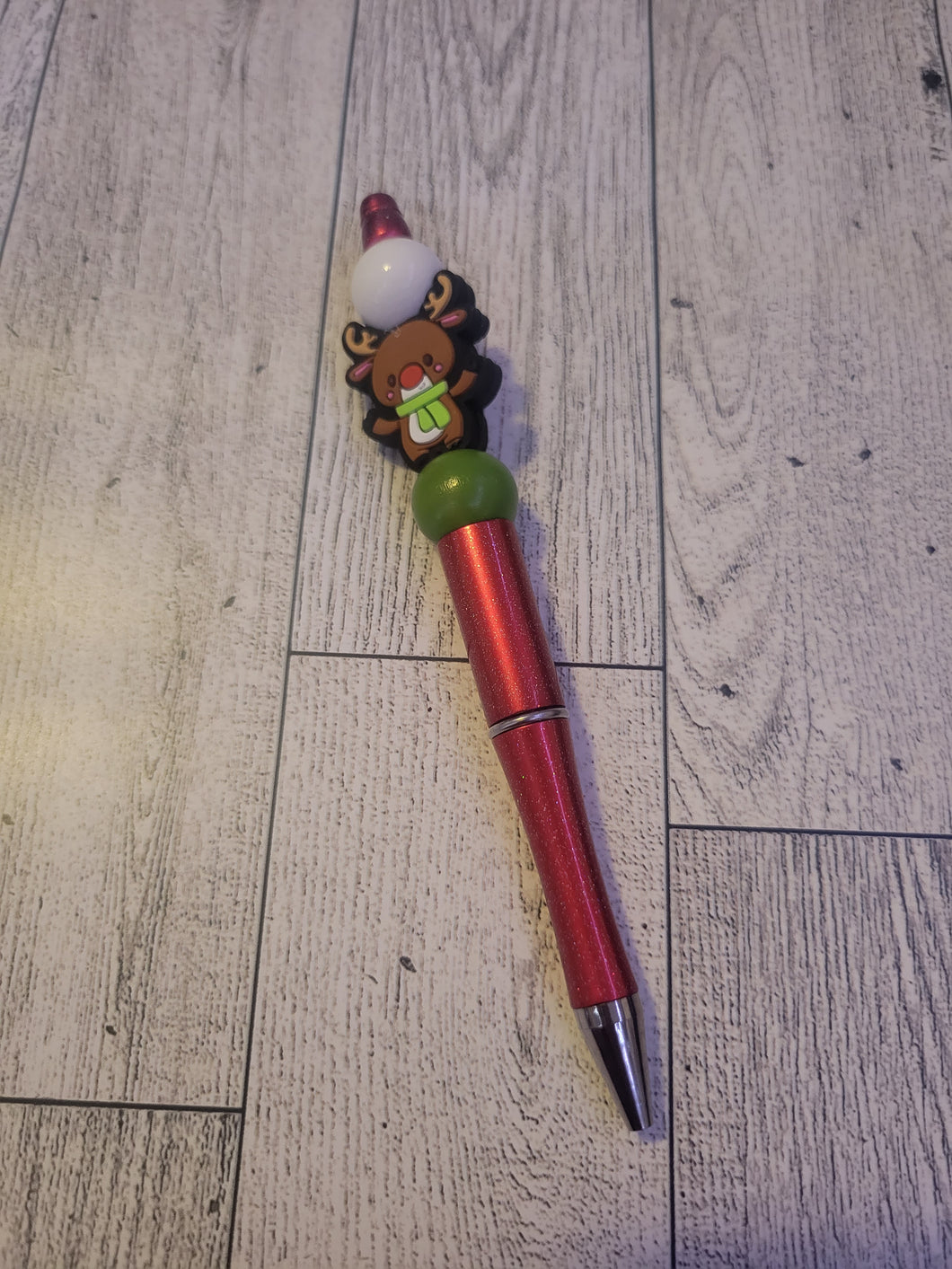 Red w/ Reindeer/White/Green- Beaded Pen