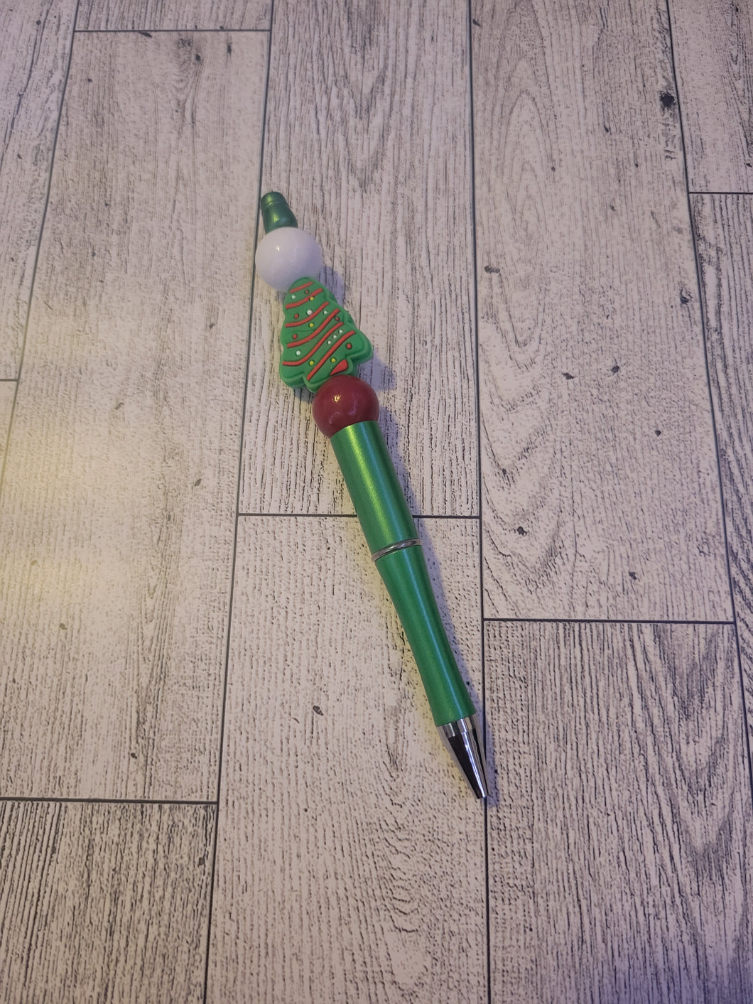 Green w/ Tree/White/Red- Beaded Pen