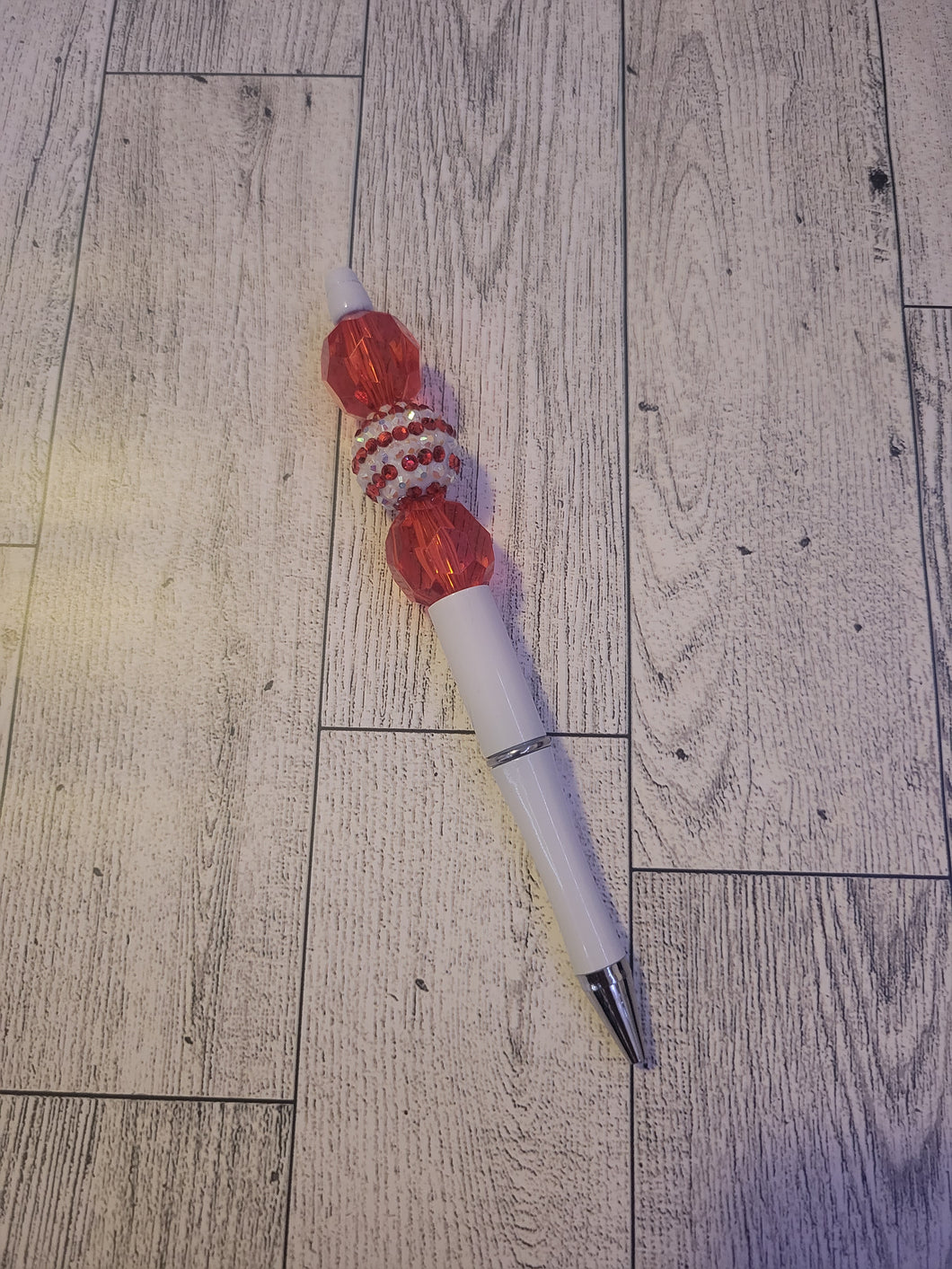 White w/ Red and White Striped/Geo Red- Beaded Pen