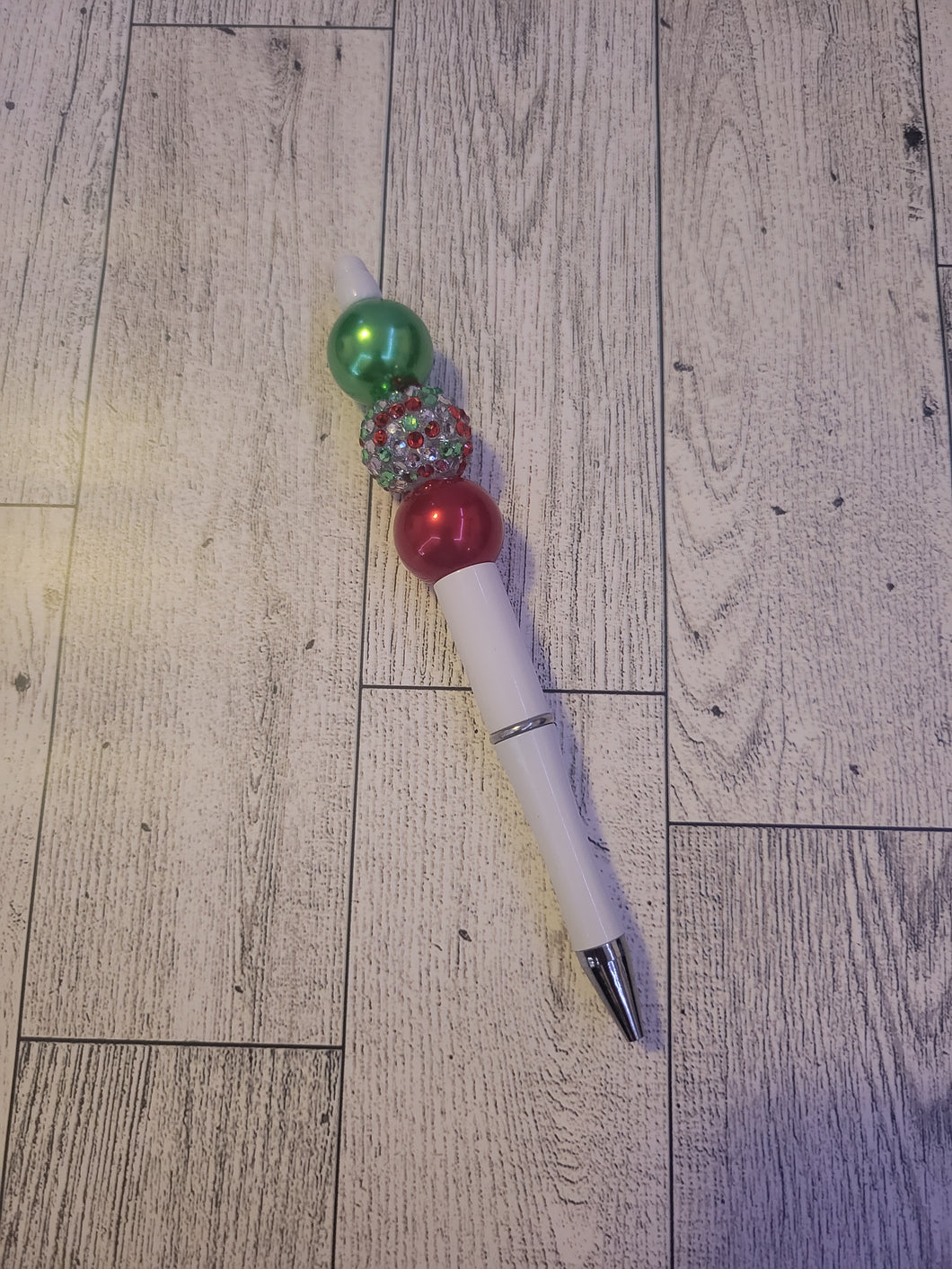 White w/ Christmas Sparkle/Green Pearl/Red Pearl - Beaded Pen